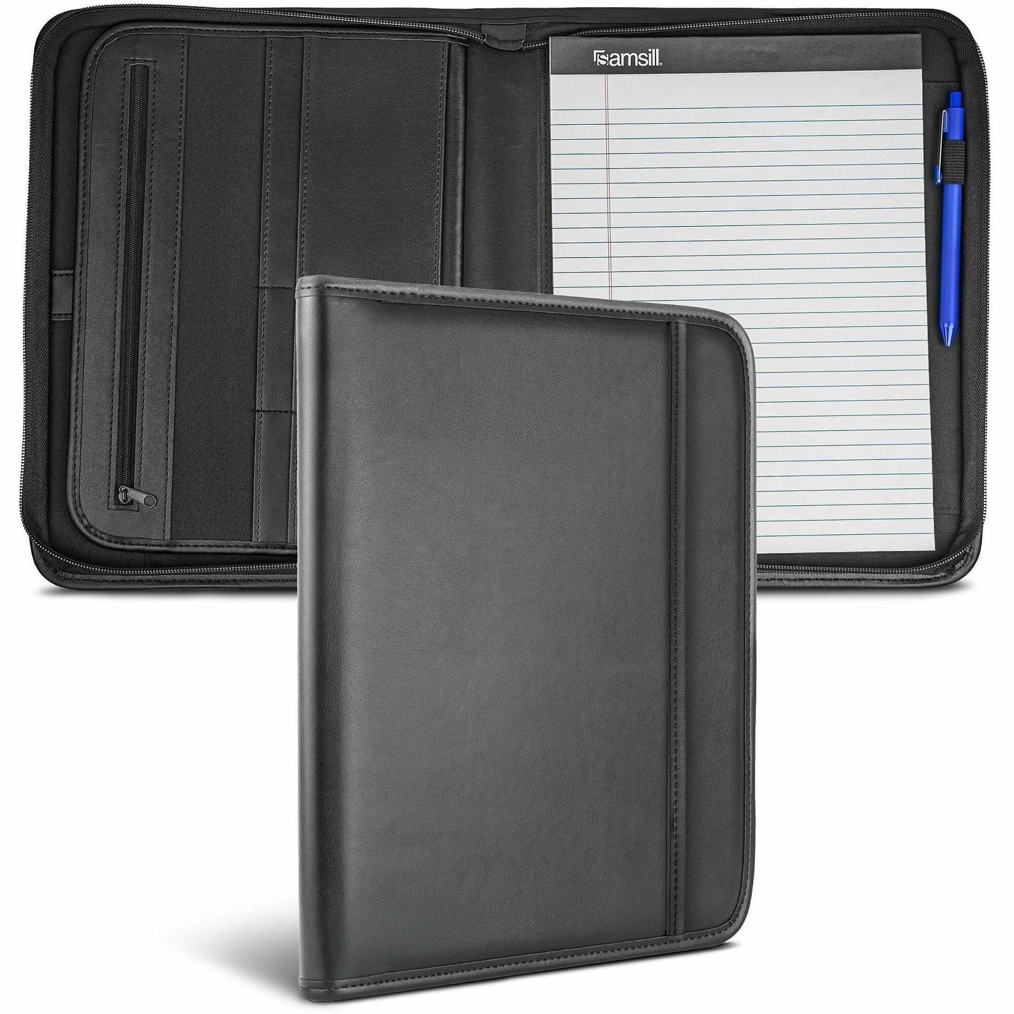 Samsill Letter Pad Folio - 8 1/2" x 11" - 6 Exterior, Internal Pocket(s) - Vinyl, Polyvinyl Chloride (PVC) - Black - Tablet Pocket, Zipper Closure, Wrap-around - 1 Each