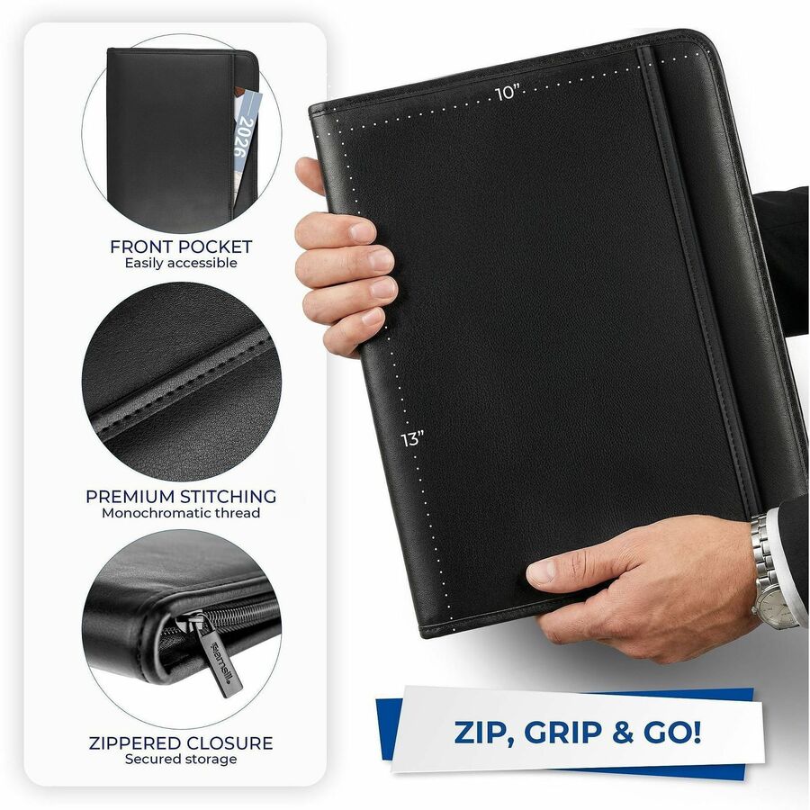 Samsill Letter Pad Folio - 8 1/2" x 11" - 6 Exterior, Internal Pocket(s) - Vinyl, Polyvinyl Chloride (PVC) - Black - Tablet Pocket, Zipper Closure, Wrap-around - 1 Each