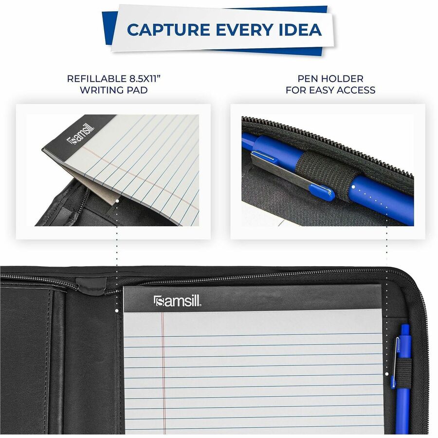 Samsill Letter Pad Folio - 8 1/2" x 11" - 6 Exterior, Internal Pocket(s) - Vinyl, Polyvinyl Chloride (PVC) - Black - Tablet Pocket, Zipper Closure, Wrap-around - 1 Each