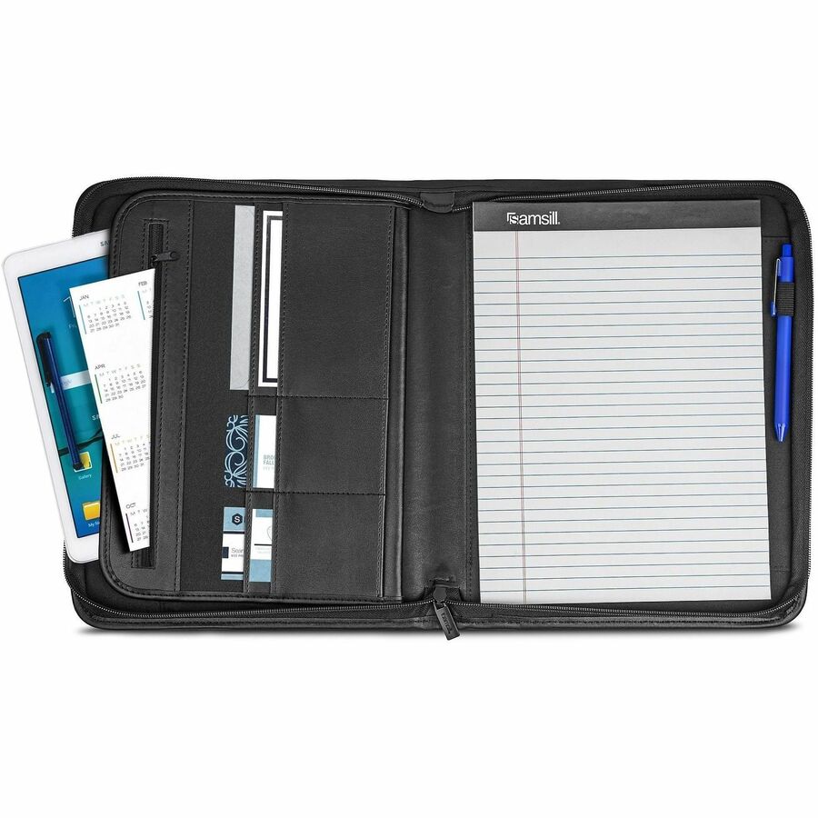 Samsill Letter Pad Folio - 8 1/2" x 11" - 6 Exterior, Internal Pocket(s) - Vinyl, Polyvinyl Chloride (PVC) - Black - Tablet Pocket, Zipper Closure, Wrap-around - 1 Each