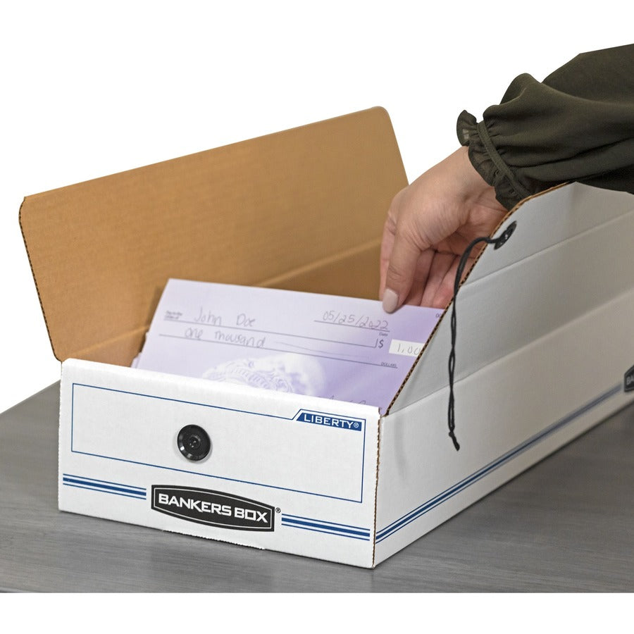 Bankers Box Liberty Check and Form Boxes, String/Button Tie Closure, Light Duty, Stackable, Fiberboard, White/Blue, 9" x 23" x 4", 12/Carton