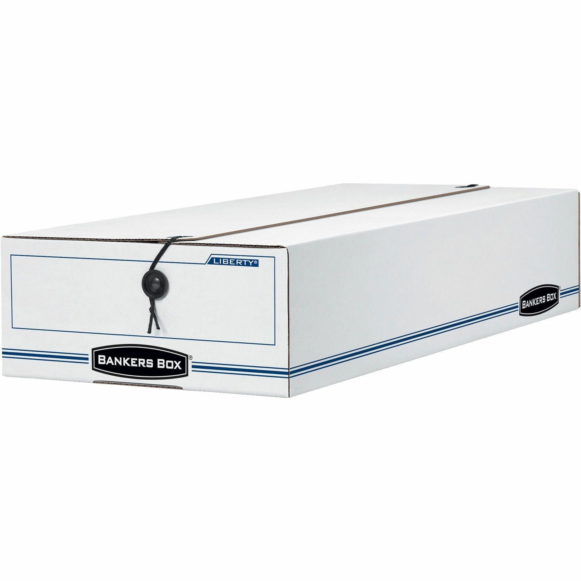 Bankers Box Liberty Check and Form Boxes, String/Button Tie Closure, Light Duty, Stackable, Fiberboard, White/Blue, 9" x 24" x 6.4", 12/Carton