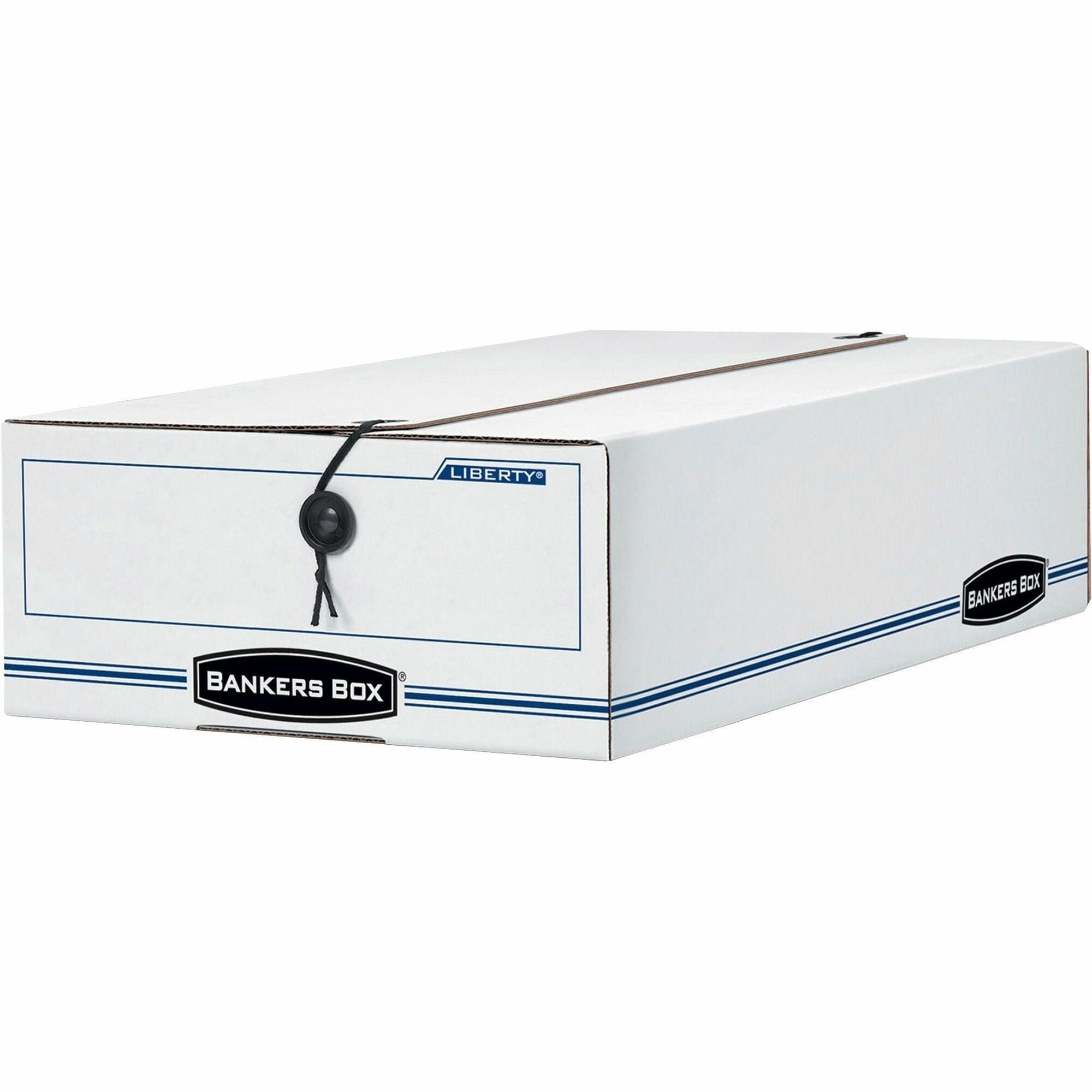 Bankers Box Liberty Check and Form Boxes, String/Button Tie Closure, Light Duty, Stackable, Fiberboard, White/Blue, 9" x 14.25" x 4", 12/Carton