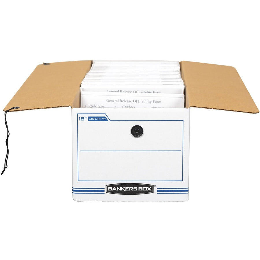 Bankers Box Liberty Check and Form Boxes, Medium Duty, String/Button Tie Closure, Stackable, Fiberboard, White/Blue, 8.75" x 23.75" x 7" (Internal), 12/Carton