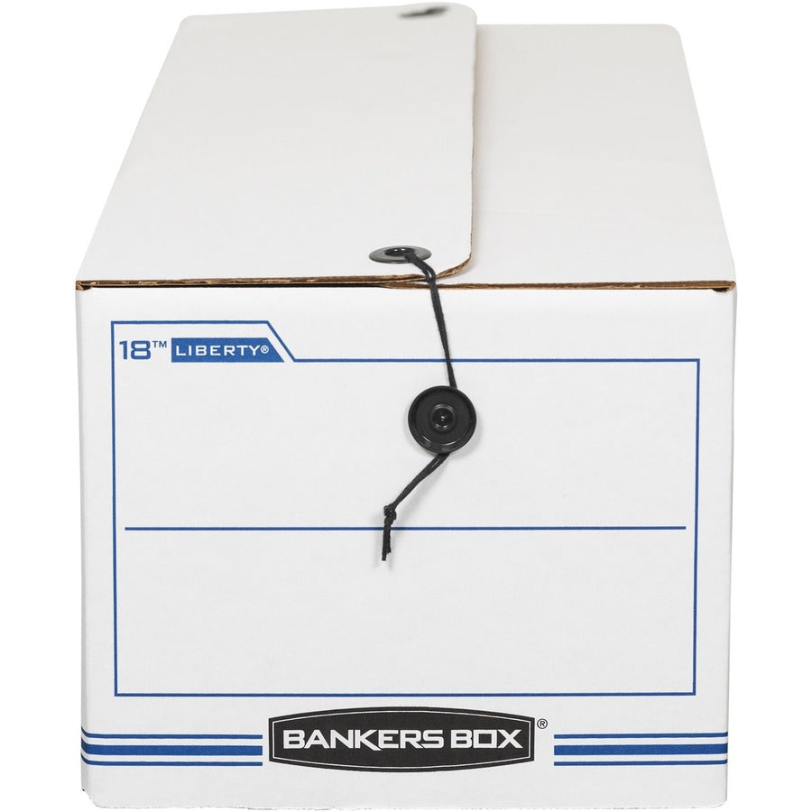 Bankers Box Liberty Check and Form Boxes, Medium Duty, String/Button Tie Closure, Stackable, Fiberboard, White/Blue, 8.75" x 23.75" x 7" (Internal), 12/Carton
