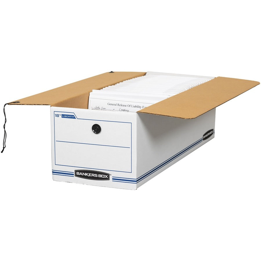 Bankers Box Liberty Check and Form Boxes, Medium Duty, String/Button Tie Closure, Stackable, Fiberboard, White/Blue, 8.75" x 23.75" x 7" (Internal), 12/Carton