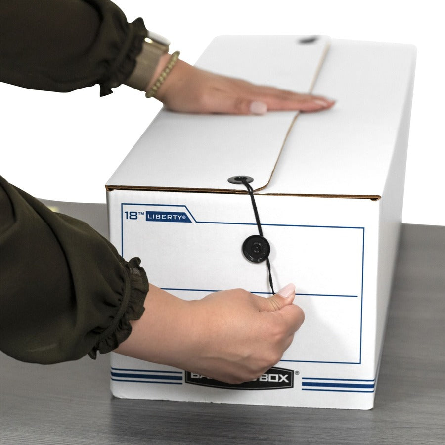 Bankers Box Liberty Check and Form Boxes, Medium Duty, String/Button Tie Closure, Stackable, Fiberboard, White/Blue, 8.75" x 23.75" x 7" (Internal), 12/Carton