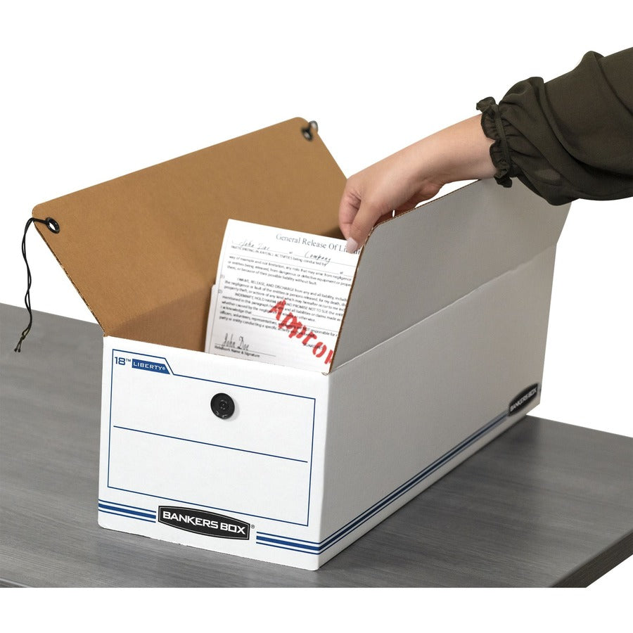 Bankers Box Liberty Check and Form Boxes, Medium Duty, String/Button Tie Closure, Stackable, Fiberboard, White/Blue, 8.75" x 23.75" x 7" (Internal), 12/Carton