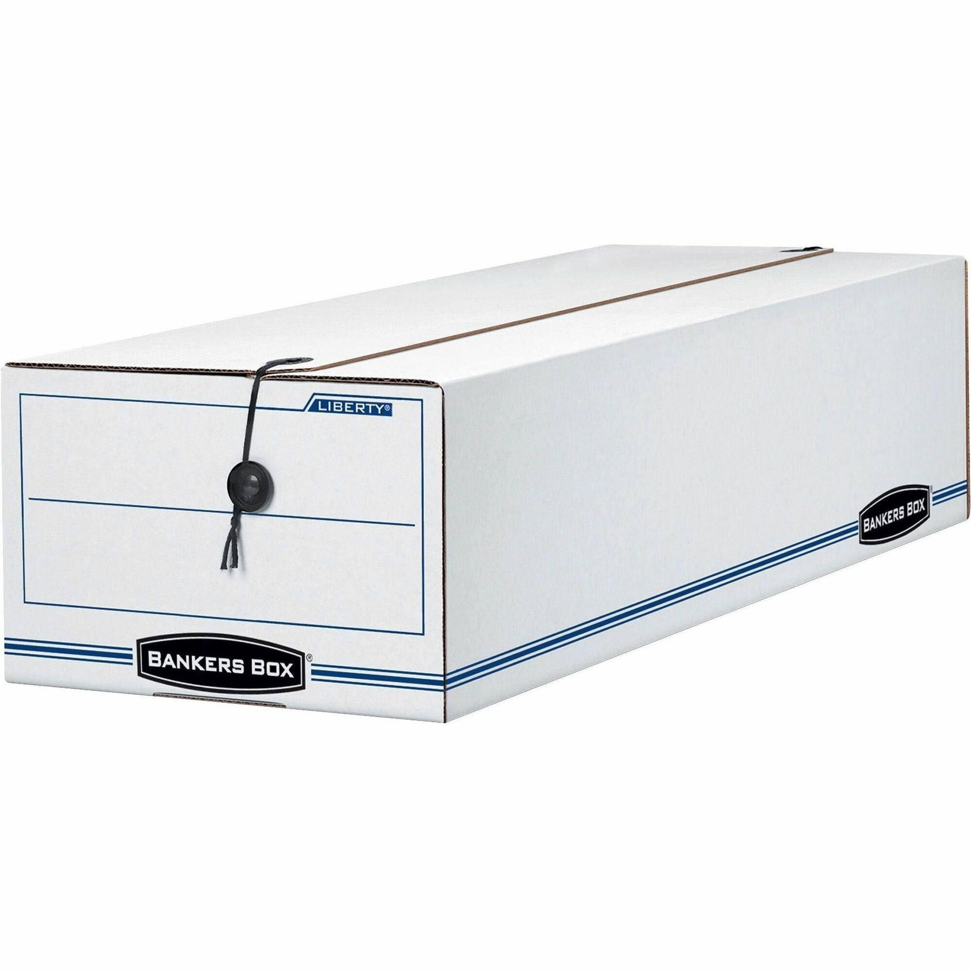Bankers Box Liberty Check and Form Boxes, Medium Duty, String/Button Tie Closure, Stackable, Fiberboard, White/Blue, 8.75" x 23.75" x 7" (Internal), 12/Carton