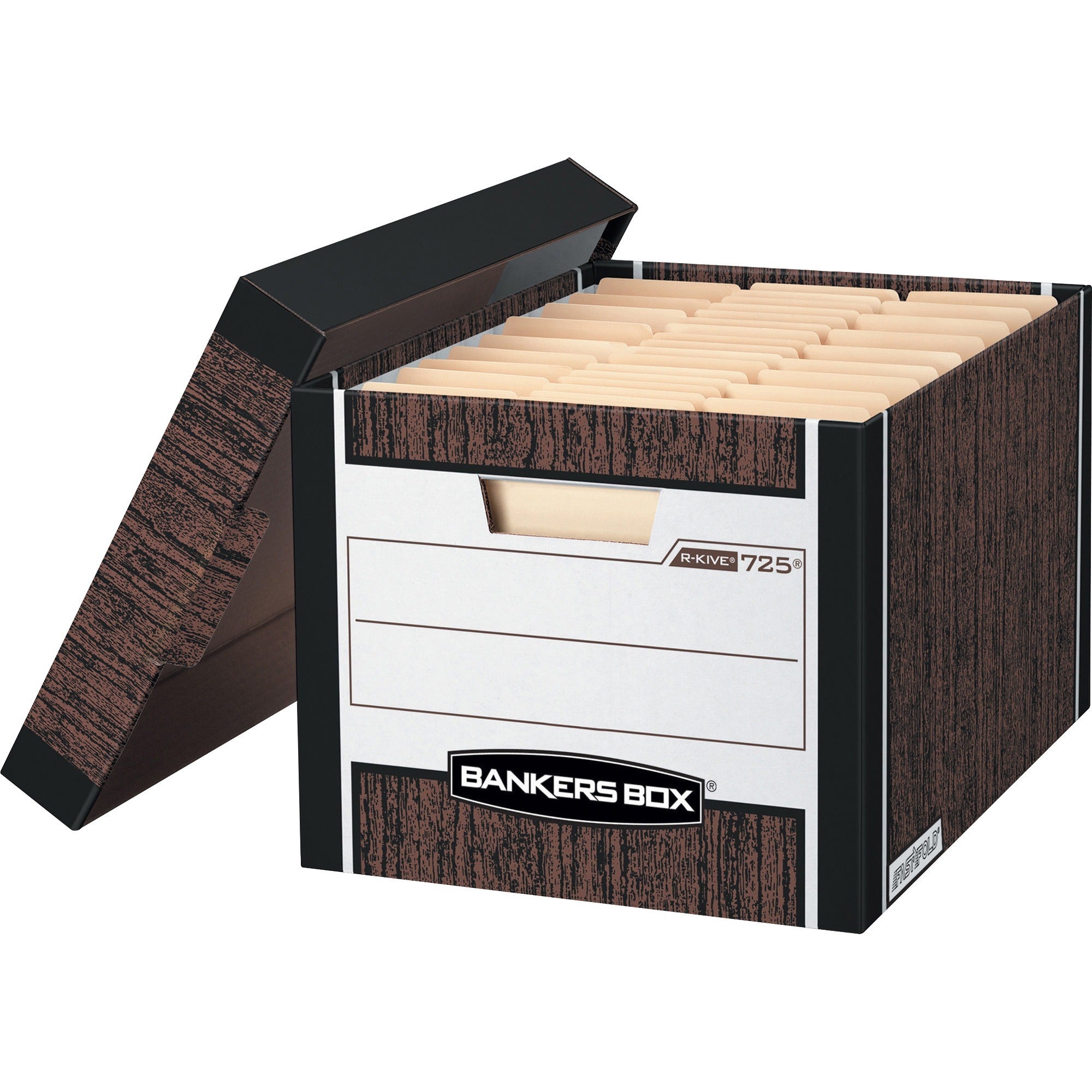 Bankers Box R-Kive File Storage Box, Heavy Duty, Stackable, Lift-off Lid, Letter/Legal Size, Wood Grain/Blue, 12 Boxes per Carton