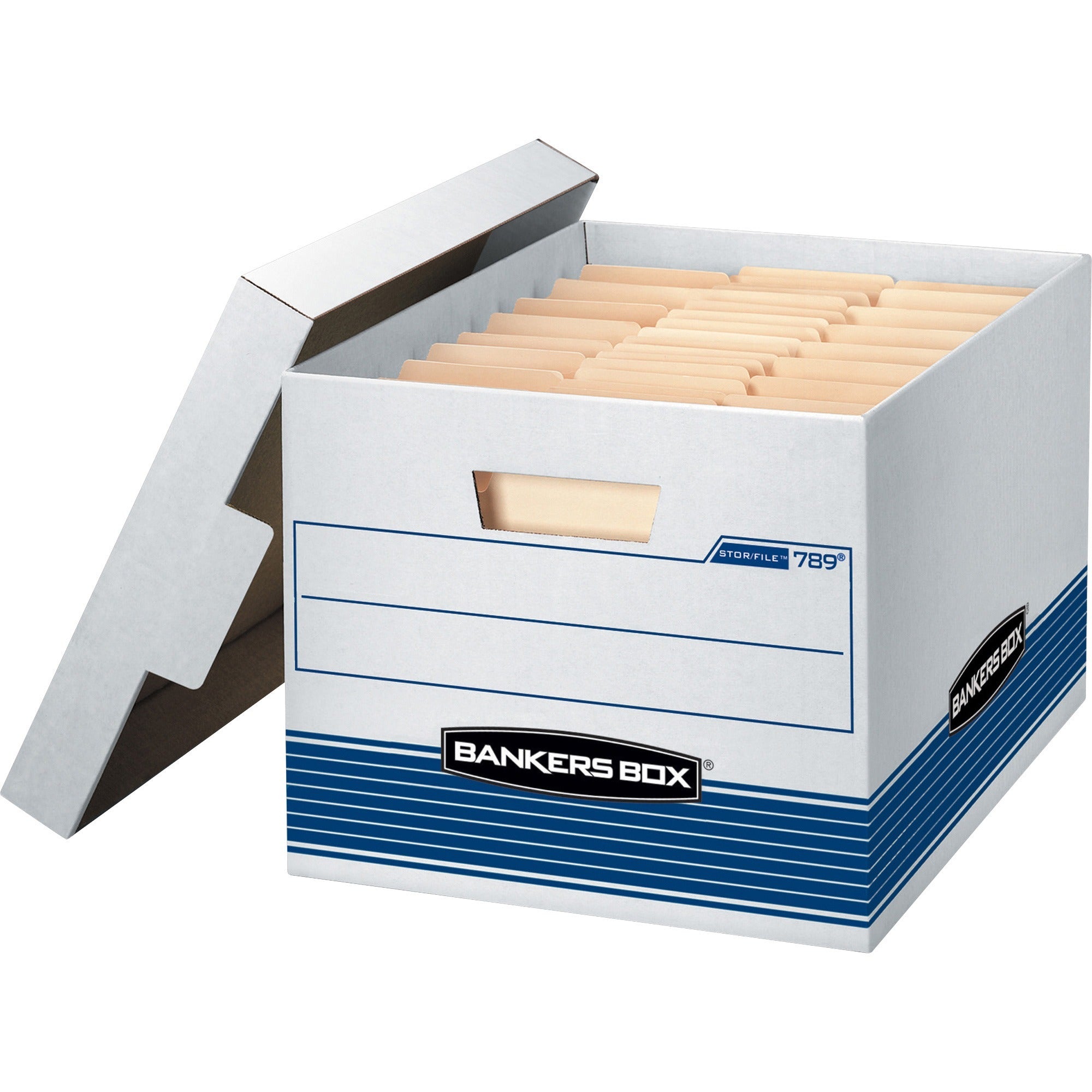 Bankers Box STOR/FILE File Storage Box, Medium Duty, Lift-off Lid, Stackable, Letter/Legal Size, White/Blue, Recycled, 12 Boxes per Carton