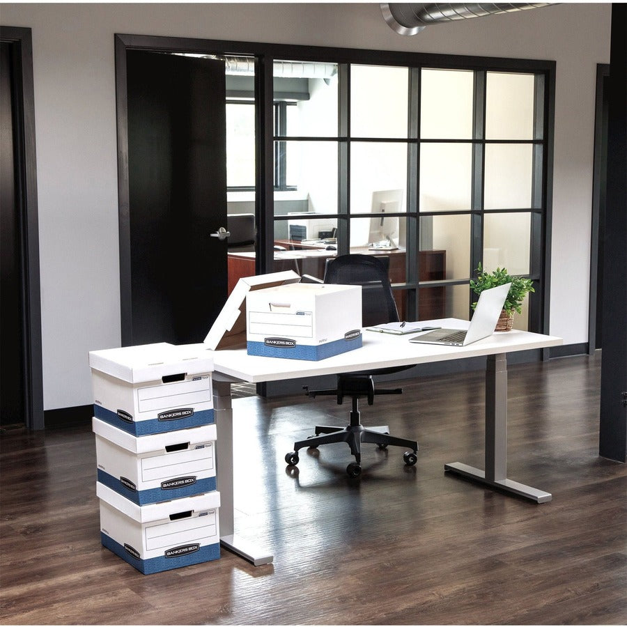 Bankers Box STOR/FILE File Storage Box, Medium Duty, Lift-off Lid, Stackable, Letter/Legal Size, White/Blue, Recycled, 12 Boxes per Carton