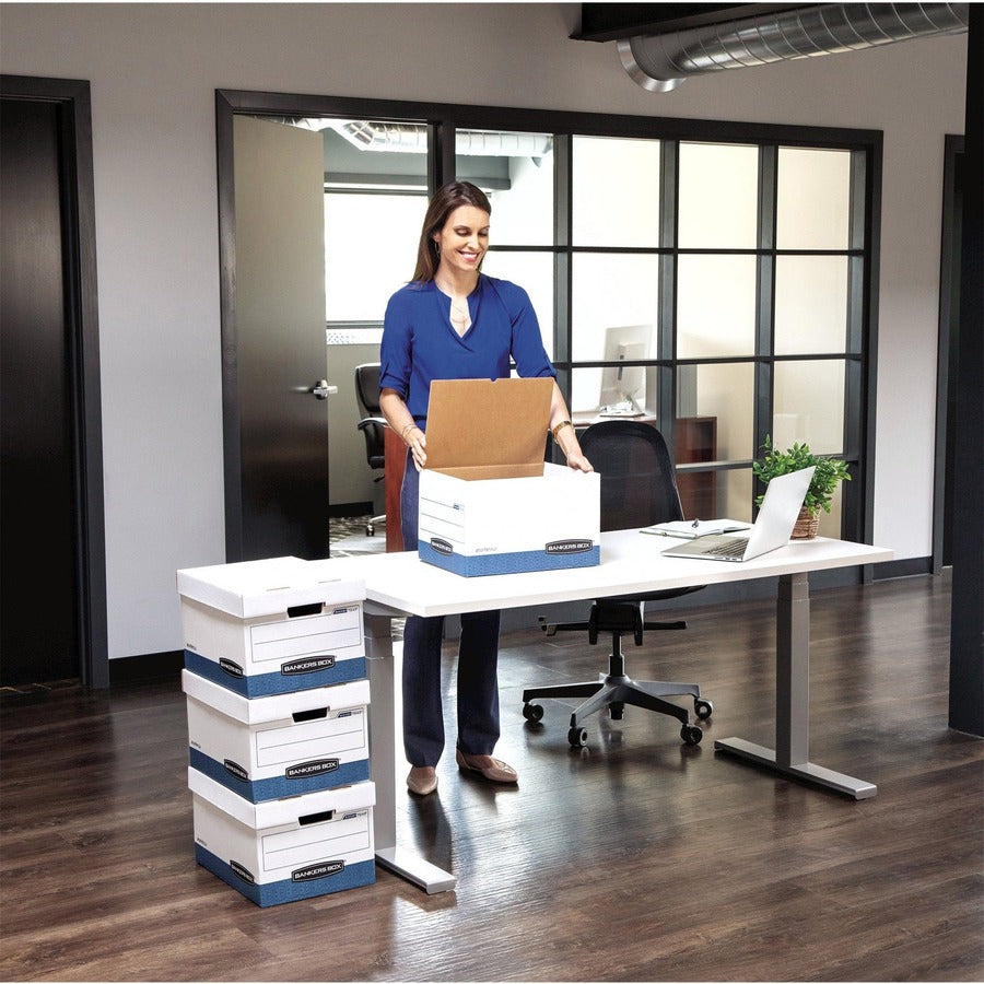Bankers Box STOR/FILE File Storage Box, Medium Duty, Lift-off Lid, Stackable, Letter/Legal Size, White/Blue, Recycled, 12 Boxes per Carton
