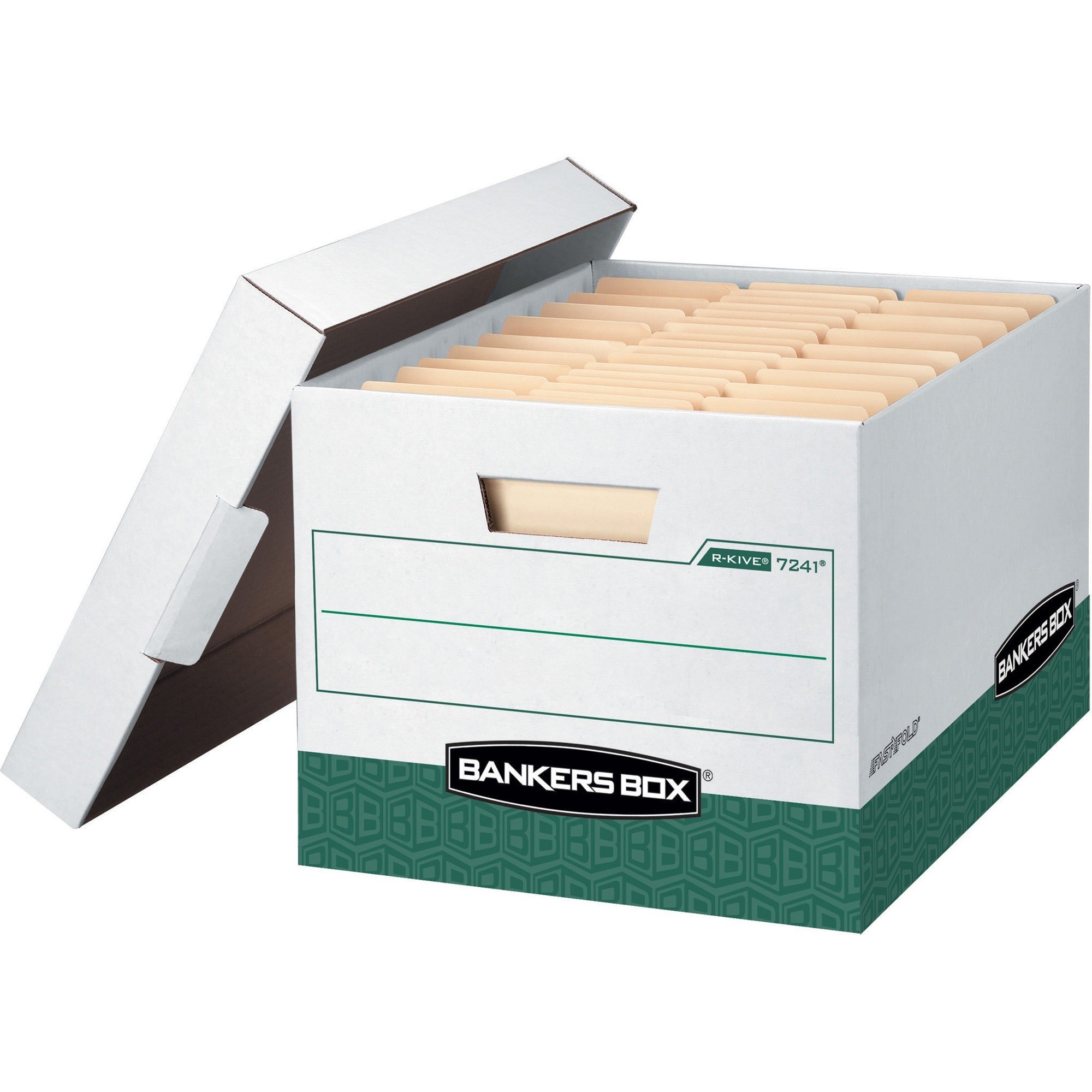 Bankers Box R-Kive File Storage Box, Heavy Duty, Stackable, Lift-off Lid, Reinforced Handles, White/Green, 12 per Carton