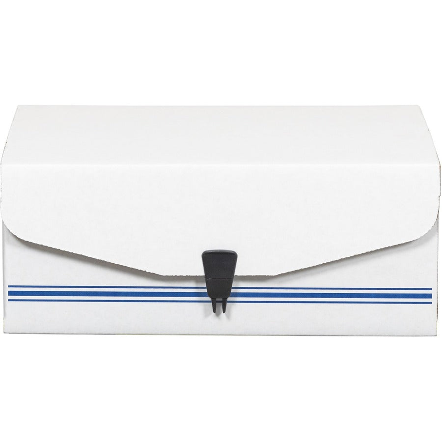 Internal Dimensions: 9.13" Width x 11.38" Depth x 4.38" Height - External Dimensions: 9.8" Width x 11.9" Depth x 4.8" Height - Ring Lock Closure - Corrugated Paper - White, Blue - For Check, Voucher Slip, Document - Recycled - 1 Each