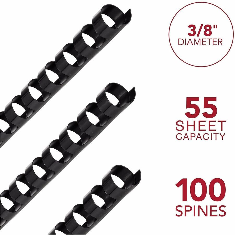 GBC CombBind Binding Spines - 0.37" Maximum Capacity - 60 x Sheet Capacity - For Letter 8 1/2" x 11" Sheet - 19 x Rings - Black - PVC Plastic - 100 / Box