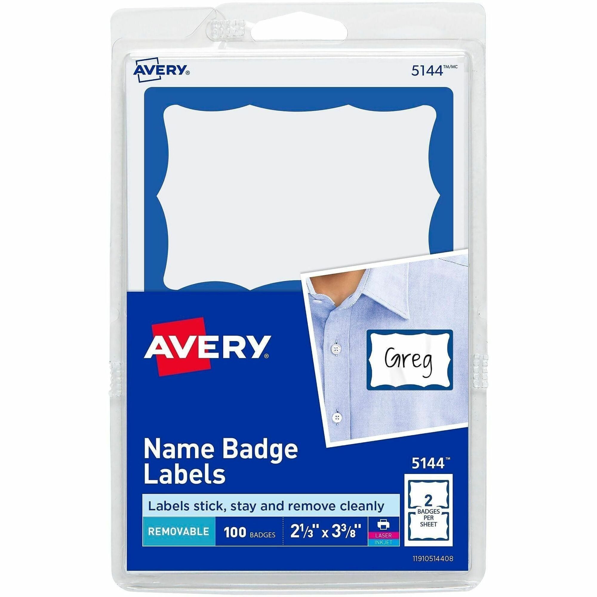 Avery Border Print or Write Name Tags, 2 21/64" x 3 3/8", Removable Adhesive, Rectangle, Matte White with Blue Border, 2 per Sheet, 50 Sheets, 100 Labels per Pack