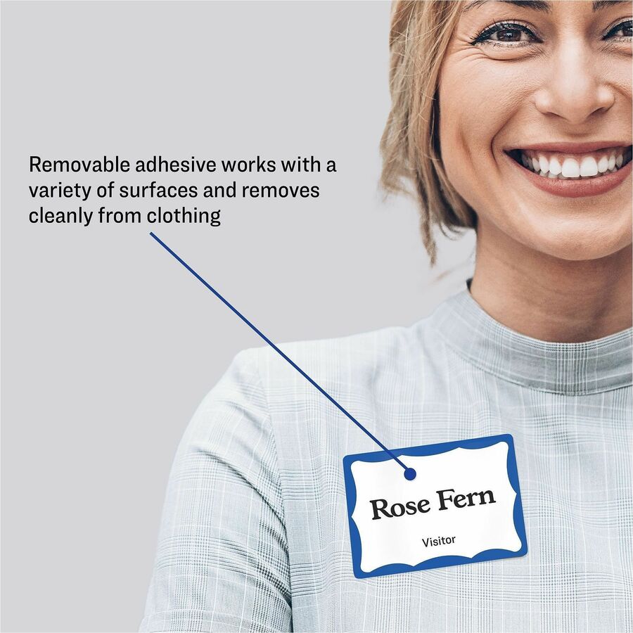 Avery Border Print or Write Name Tags, 2 21/64" x 3 3/8", Removable Adhesive, Rectangle, Matte White with Blue Border, 2 per Sheet, 50 Sheets, 100 Labels per Pack