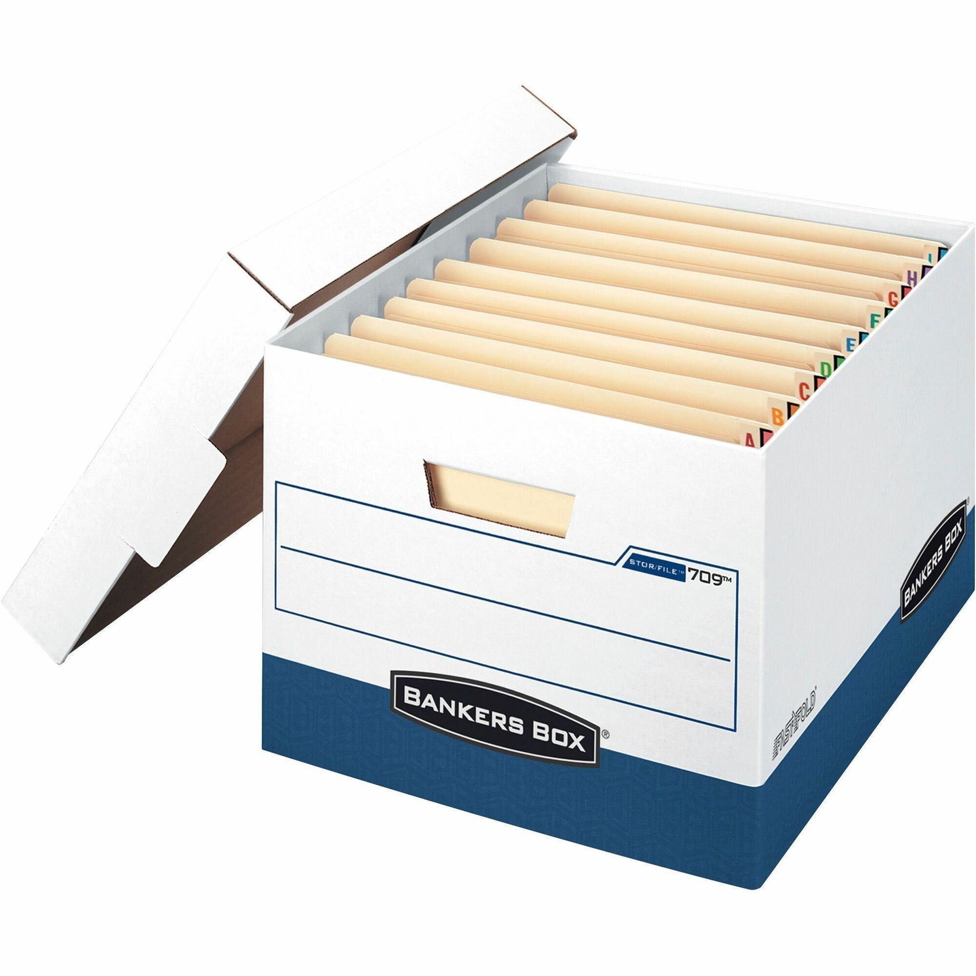 Bankers Box STOR/FILE File Storage Box, Heavy Duty, Stackable, Lift-off Lid, Letter/Legal Size, White/Blue, 12 Boxes per Carton