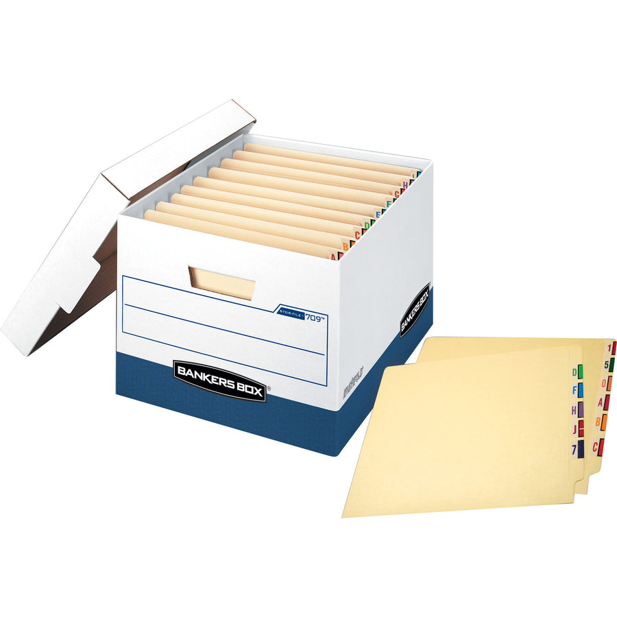 Bankers Box STOR/FILE File Storage Box, Heavy Duty, Stackable, Lift-off Lid, Letter/Legal Size, White/Blue, 12 Boxes per Carton
