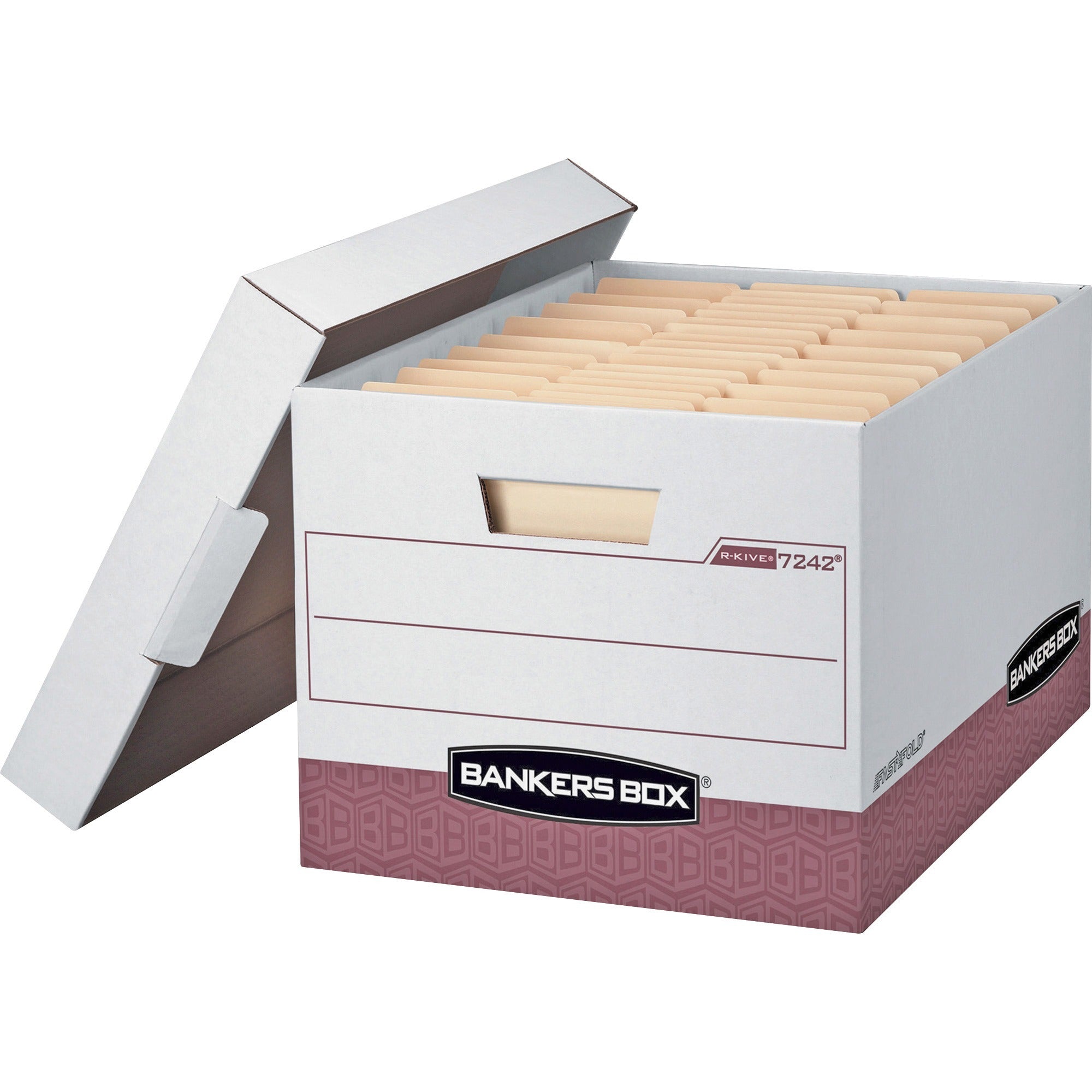 Bankers Box R-Kive File Storage Box, Heavy Duty, Lift-off Lid, Stackable, White/Red, Supports Letter & Legal Size, 12 Boxes per Carton
