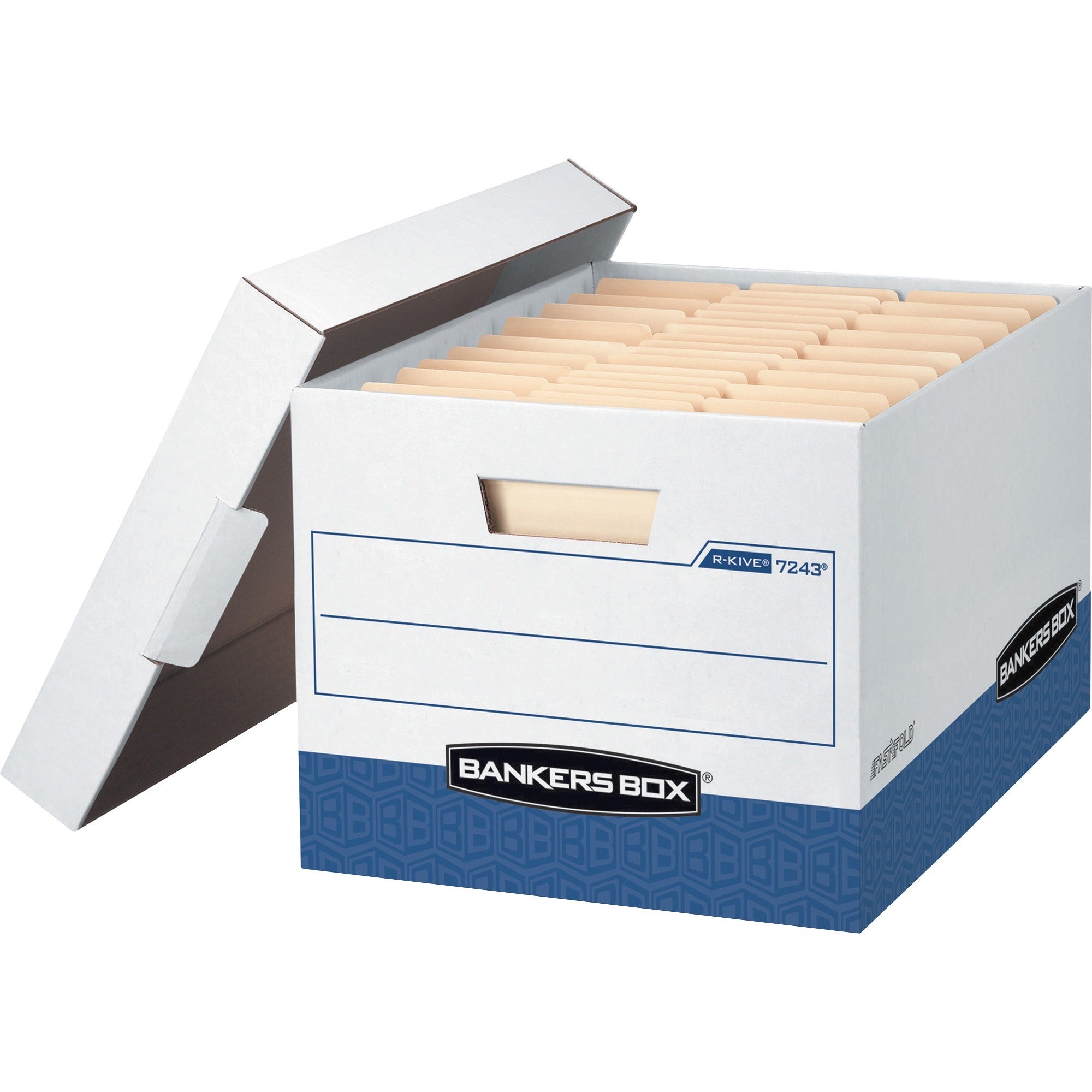 Bankers Box R-Kive File Storage Box, Heavy Duty, Stackable, Lift-off Lid, Letter/Legal Size, White/Blue, 12 Boxes per Carton