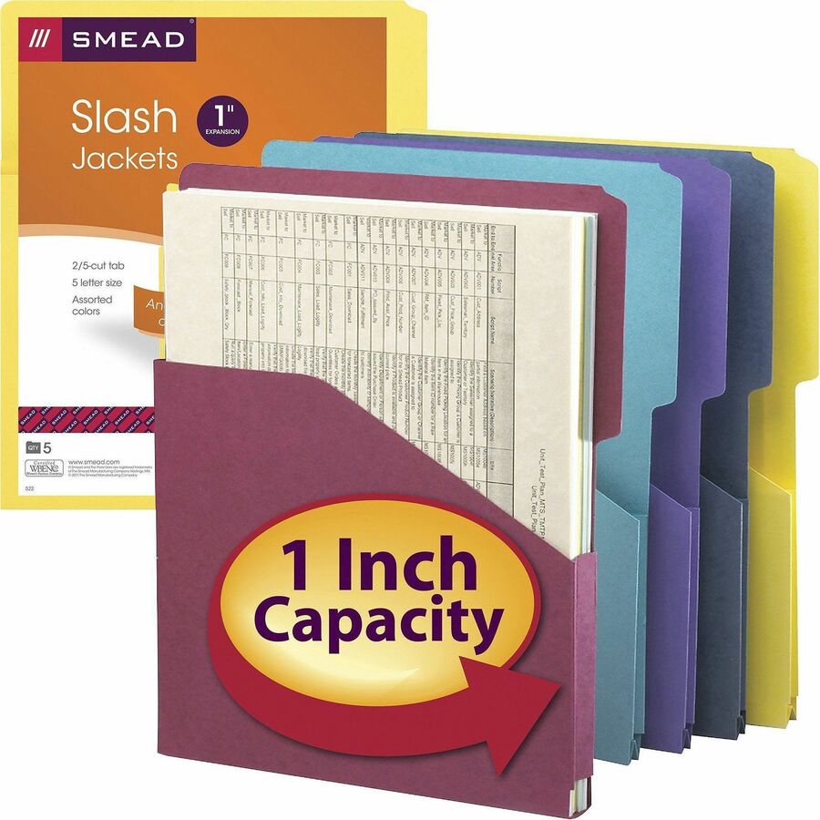 8 1/2" x 11" - 1" Expansion - 11 pt. - Assorted - Unpunched - 10% Recycled - 5 / Pack