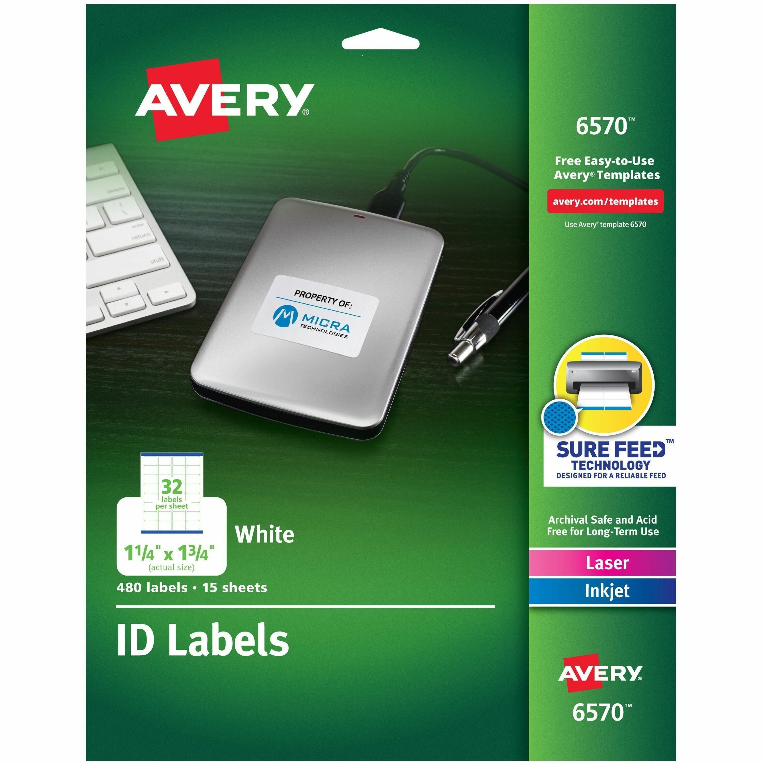 Avery&reg; Laser Inkjet Printer Permanent ID Labels - 1 1/4" Width x 1 3/4" Length - Permanent Adhesive - Rectangle - Inkjet, Laser - White - Paper - 32 / Sheet - 15 Total Sheets - 480 Total Label(s) - 480 / Pack