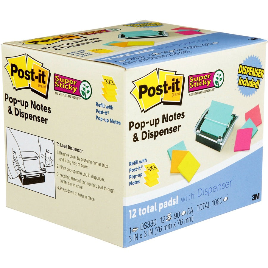 1080 - 3" Flag/Note Width x 3" Flag/Note Length - Square - 90 Sheets per Pad - Unruled - Blue, Orange, Green, Pink - Paper - Self-adhesive - Dispenser Included - 1 Pack