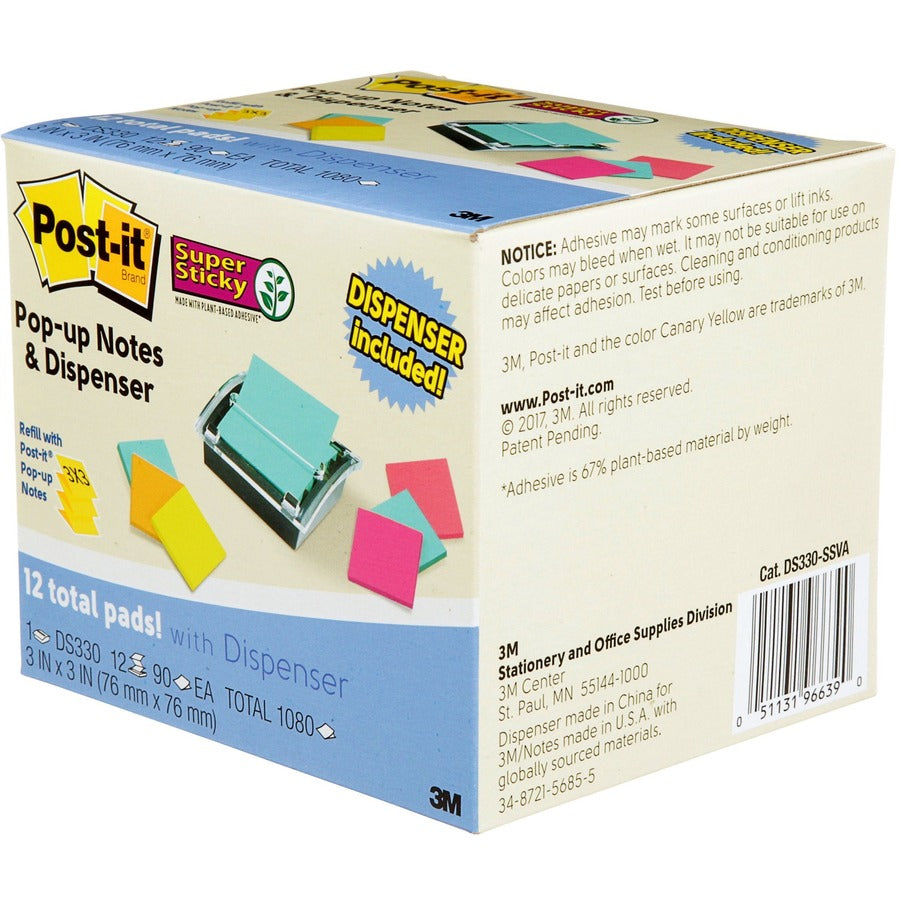 1080 - 3" Flag/Note Width x 3" Flag/Note Length - Square - 90 Sheets per Pad - Unruled - Blue, Orange, Green, Pink - Paper - Self-adhesive - Dispenser Included - 1 Pack