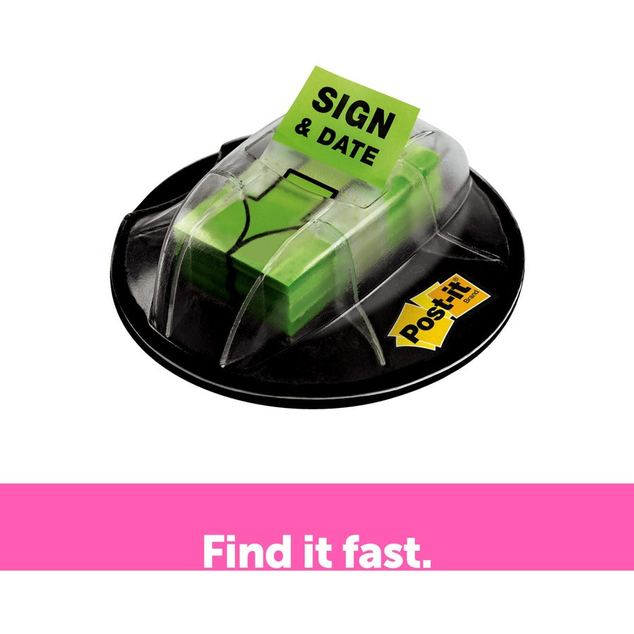 Post-it&reg; Message Flags - 200 x Bright Green - 1" Flag/Note Width x 1 3/4" Flag/Note Length - Arrow, Rectangle - Unruled - Sign & Date - Green - Removable, Self-adhesive - Dispenser Included - 1 Pack