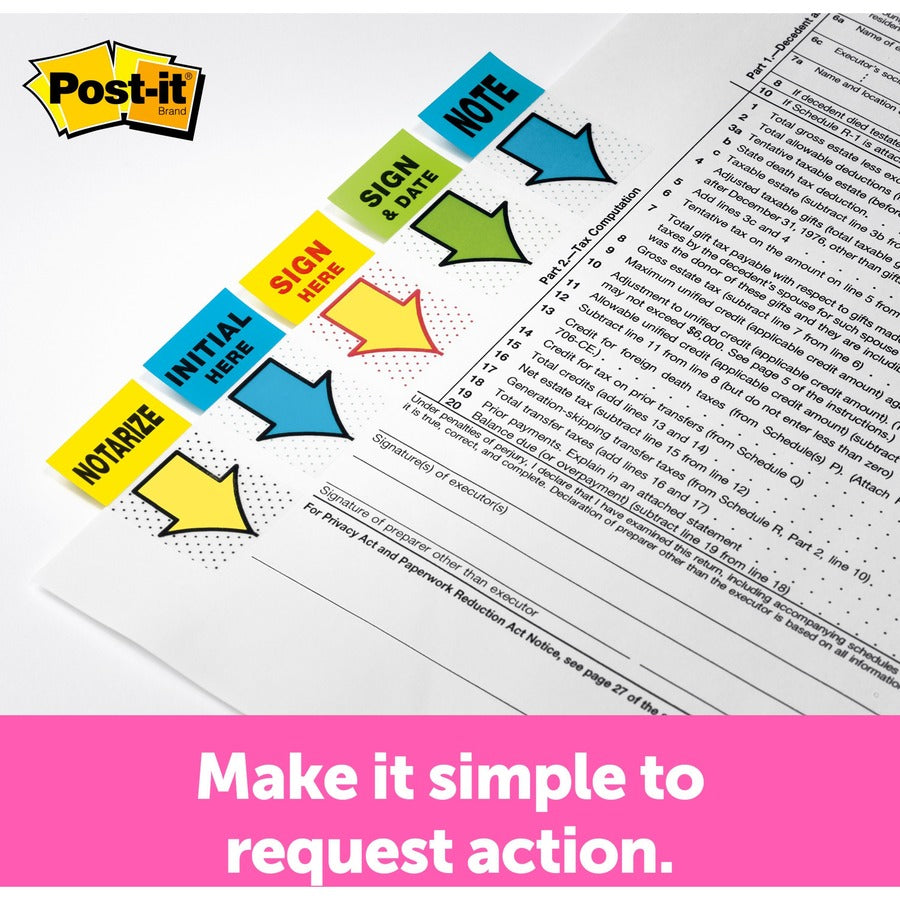 Post-it&reg; Message Flags - 200 x Bright Green - 1" Flag/Note Width x 1 3/4" Flag/Note Length - Arrow, Rectangle - Unruled - Sign & Date - Green - Removable, Self-adhesive - Dispenser Included - 1 Pack