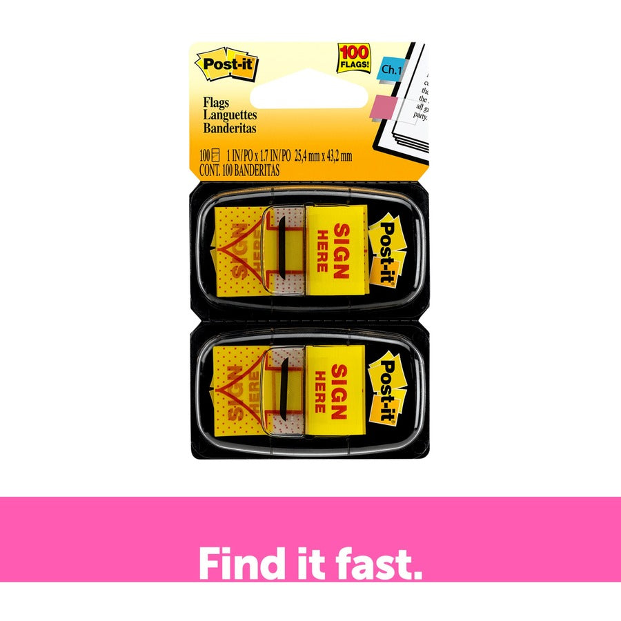 Post-it&reg; Message Flags - 100 x Yellow - 1" Flag/Note Width x 1 3/4" Flag/Note Length - Arrow, Rectangle - Unruled - SIGN HERE - Yellow - Removable, Self-adhesive - Dispenser Included - 1 Pack