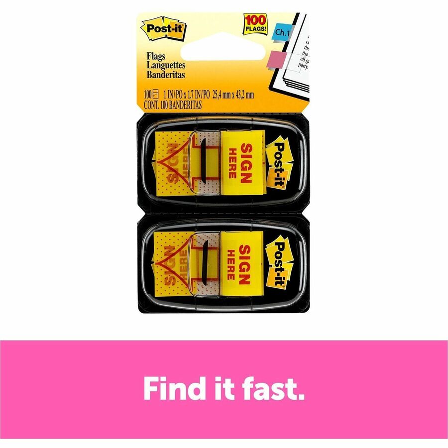 Post-it&reg; Message Flags - 100 x Yellow - 1" Flag/Note Width x 1 3/4" Flag/Note Length - Arrow, Rectangle - Unruled - SIGN HERE - Yellow - Removable, Self-adhesive - Dispenser Included - 1 Pack