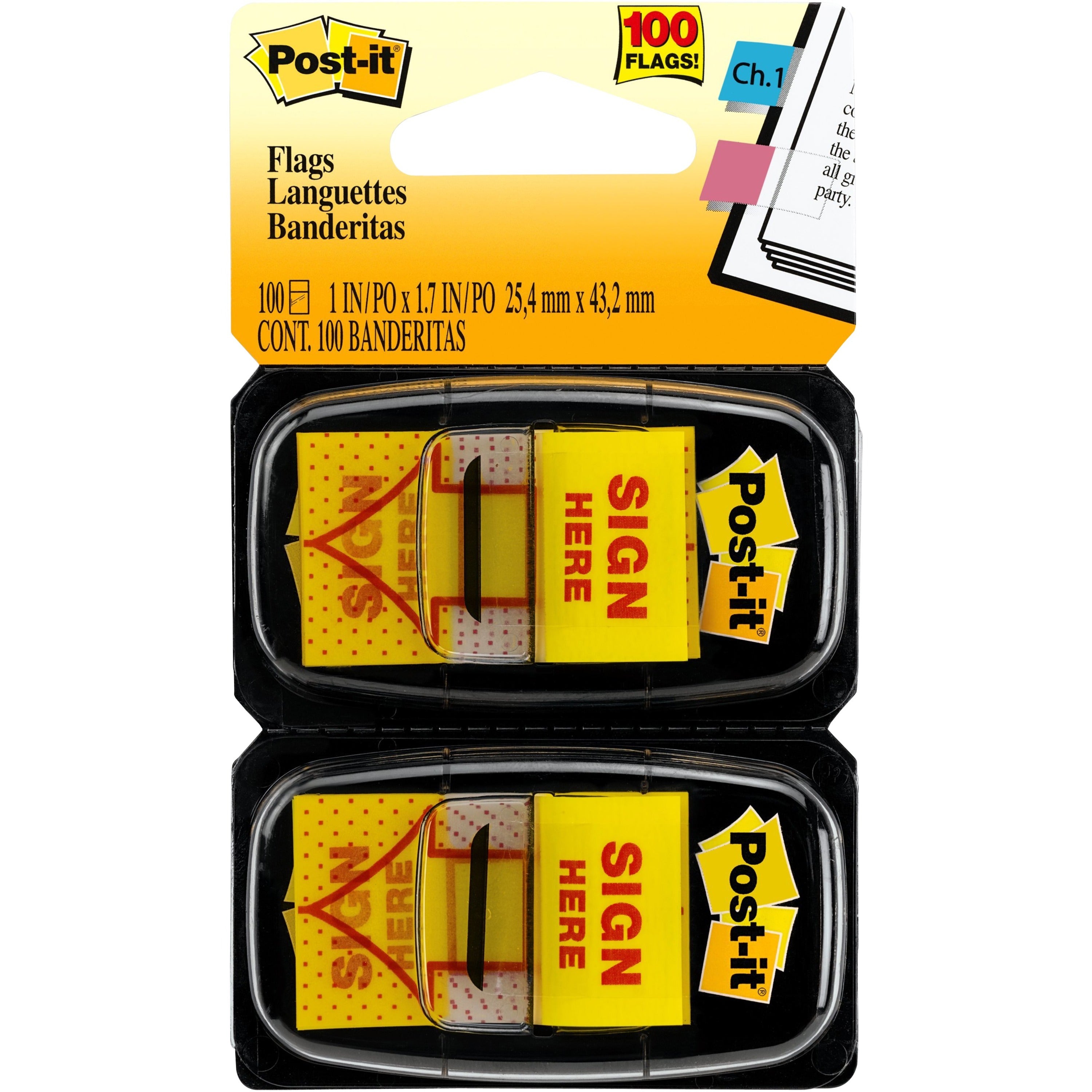 Post-it&reg; Message Flags - 100 x Yellow - 1" Flag/Note Width x 1 3/4" Flag/Note Length - Arrow, Rectangle - Unruled - SIGN HERE - Yellow - Removable, Self-adhesive - Dispenser Included - 1 Pack