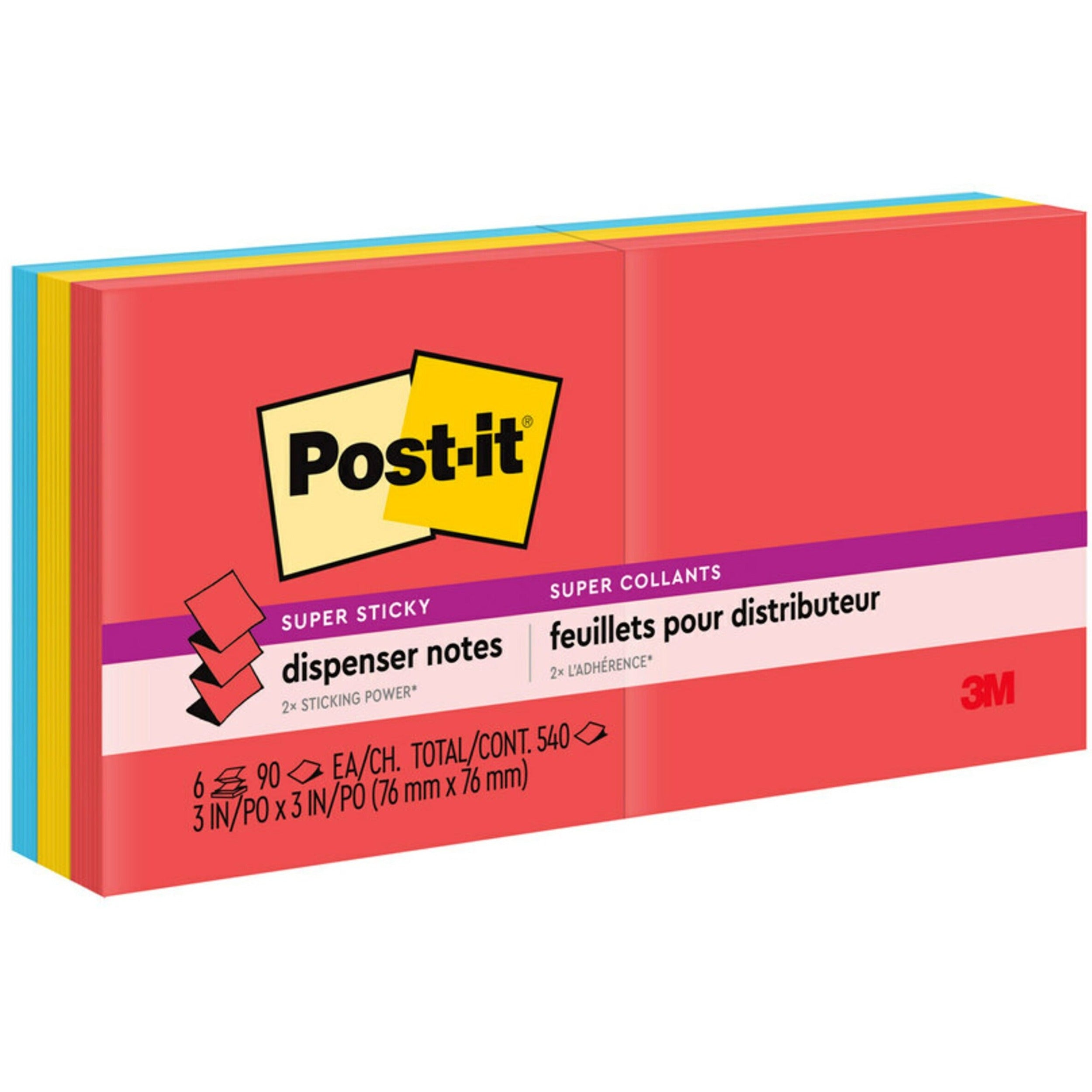 Post-it Super Sticky Dispenser Notes, Playful Primaries Collection, 3" x 3", Square, 90 Sheets per Pad, 12 Pads, Candy Apple Red, Sunnyside, Blue Paradise, Self-adhesive, Repositionable