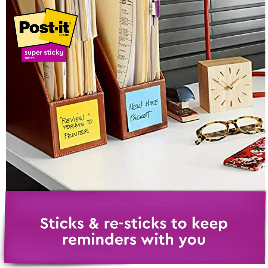 Post-it Super Sticky Dispenser Notes, Playful Primaries Collection, 3" x 3", Square, 90 Sheets per Pad, 12 Pads, Candy Apple Red, Sunnyside, Blue Paradise, Self-adhesive, Repositionable
