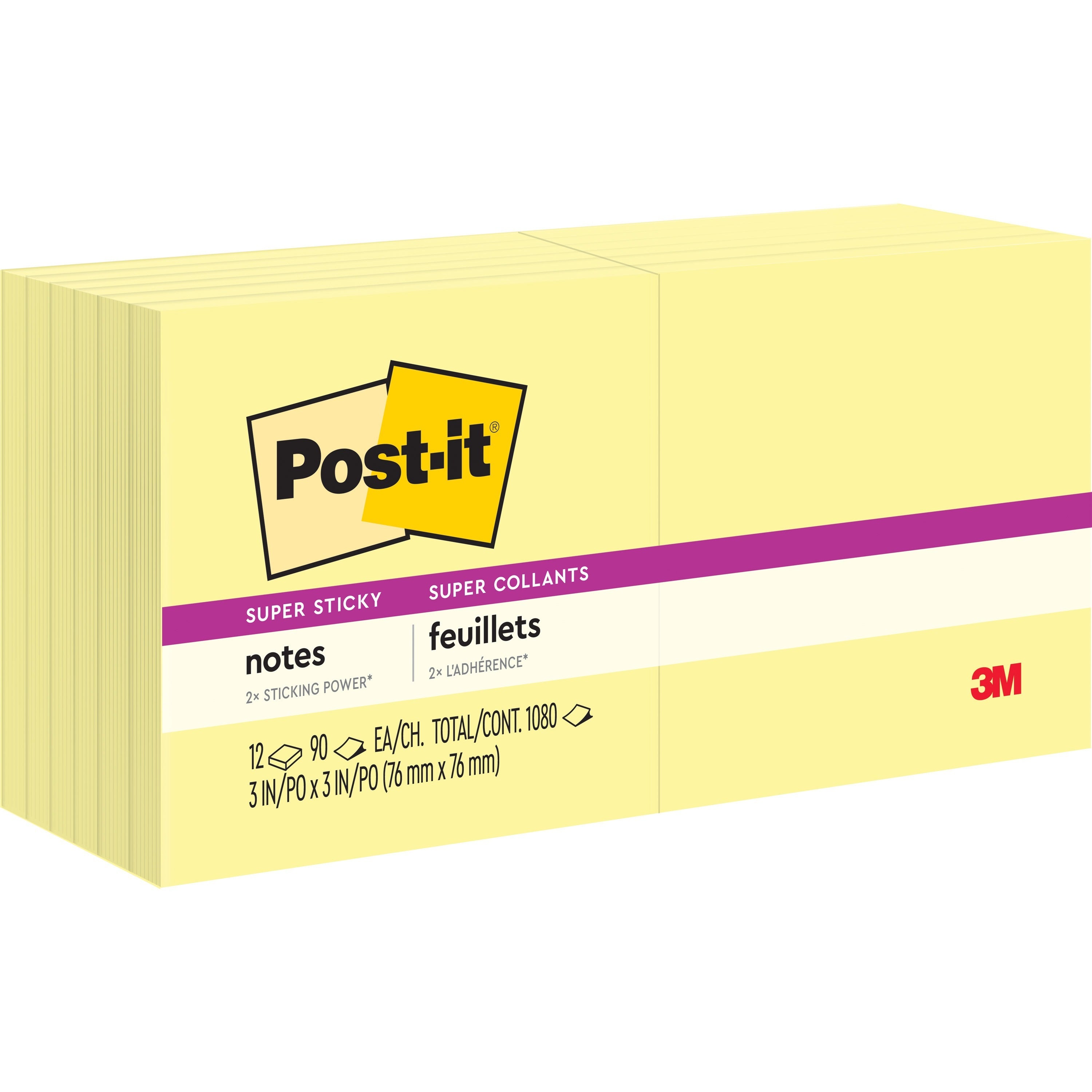 1080 - 3" Flag/Note Width x 3" Flag/Note Length - Square - 90 Sheets per Pad - Unruled - Canary Yellow - Paper - Self-adhesive, Repositionable - 1 Pack