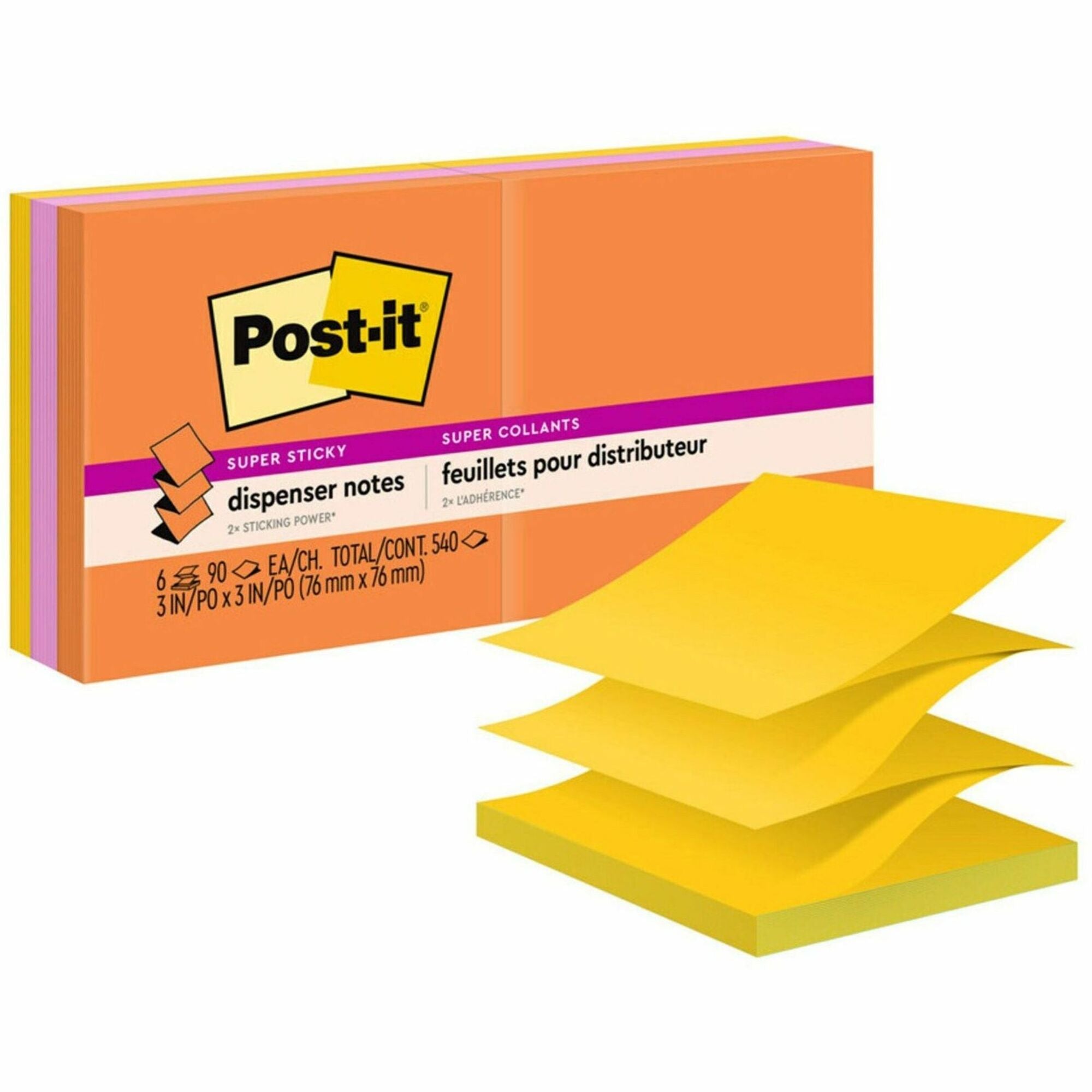Post-it Super Sticky Dispenser Notes, Energy Boost Collection, 3" x 3", Square, 90 Sheets per Pad, 6 Pads/Pack, Vital Orange, Tropical Pink, Sunnyside, Self-adhesive, Repositionable