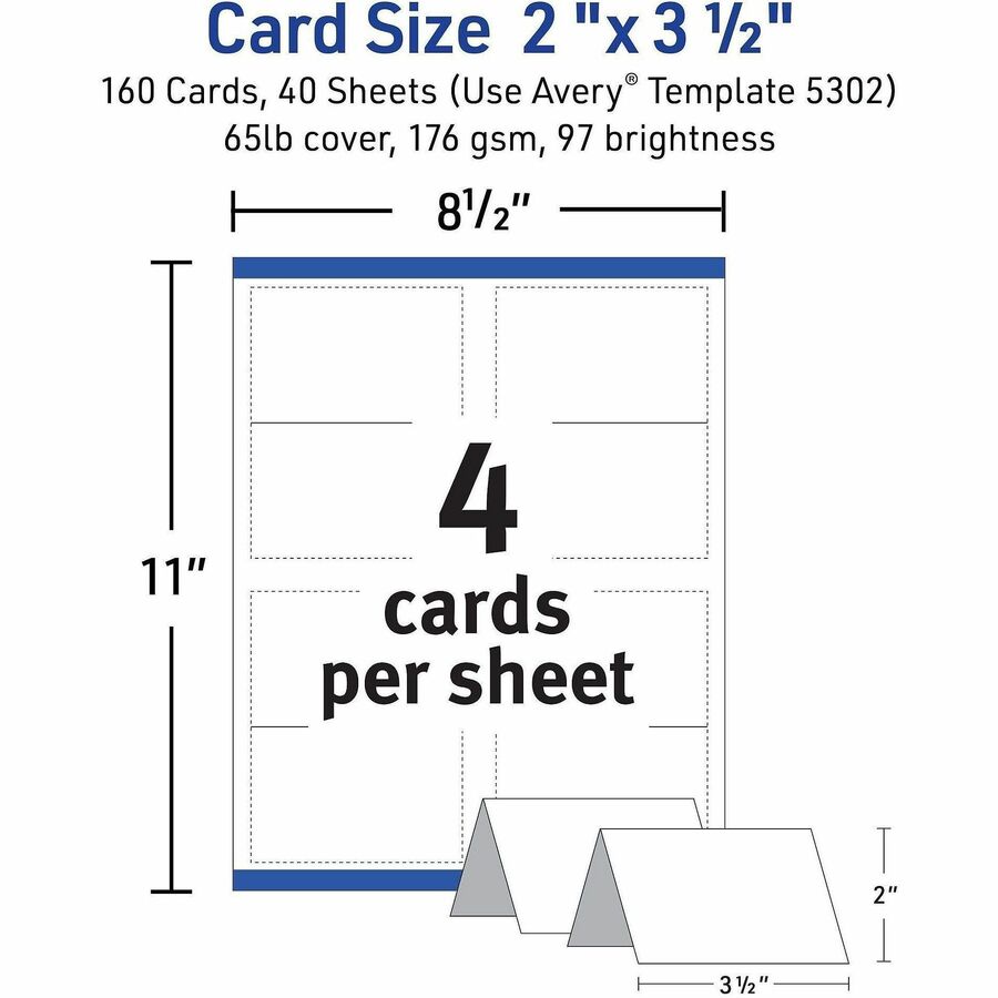 97 Brightness - 2" x 3 1/2" - 65 lb Basis Weight - 176 g/m² Grammage - Matte - Perforated, Heavyweight, Foldable, Rounded Corner, Jam-free, Smudge-free, Smooth Edge, Printable, Print-to-the-edge, Double-sided - White - 40 Sheets - 1 Box
