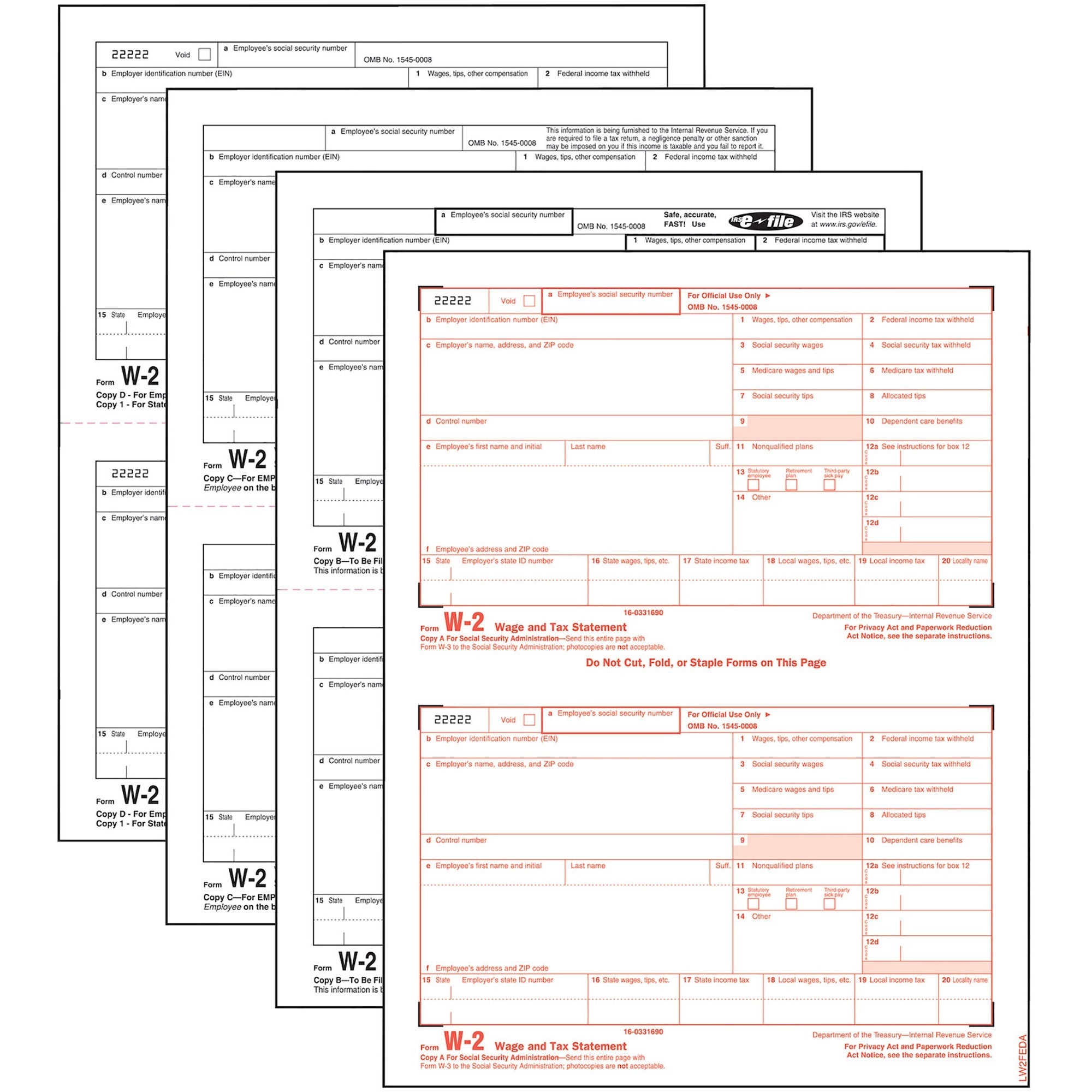 TOPS Laser W-2 Forms Kits - 4 Part - Carbonless Copy - 5.50" x 8.50" Sheet Size - White Sheet(s) - 50 / Pack