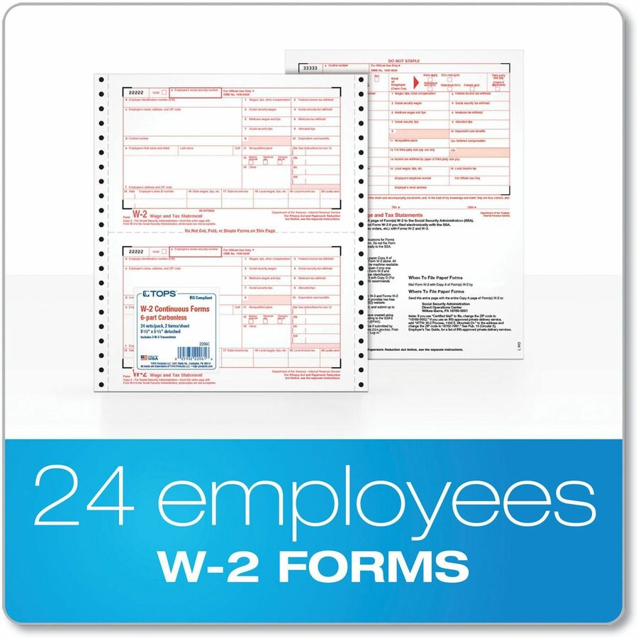 TOPS Carbonless Standard W-2 Tax Forms - 6 Part - Carbonless Copy - 5.50" x 8.50" Sheet Size - White Sheet(s) - 24 / Pack