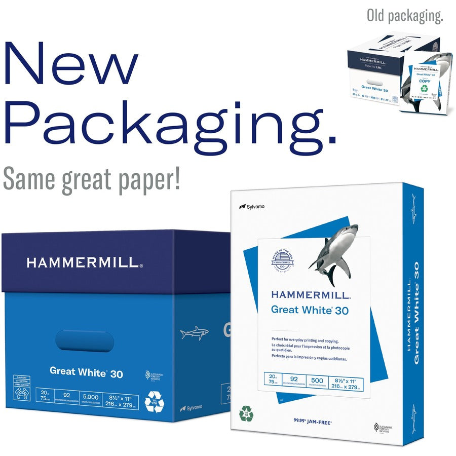 Hammermill Great White Recycled Copy Paper - White - 92 Brightness - Letter - 8 1/2" x 11" - 20 lb Basis Weight - Acid-free, Archival-safe, Jam-free - White - 500 Sheets per Ream - 10 / Carton