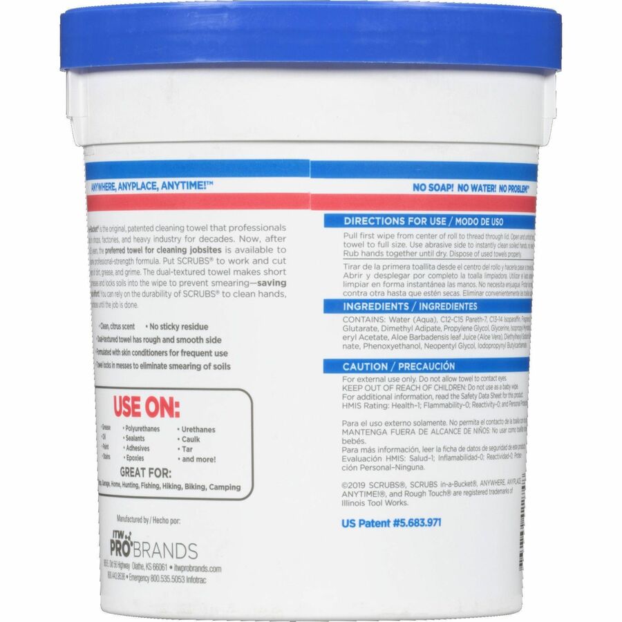 SCRUBS In-A-Bucket Hand Cleaner Towels - 12" Width x 10" Length - Blue - 72/Tub - 1 Each