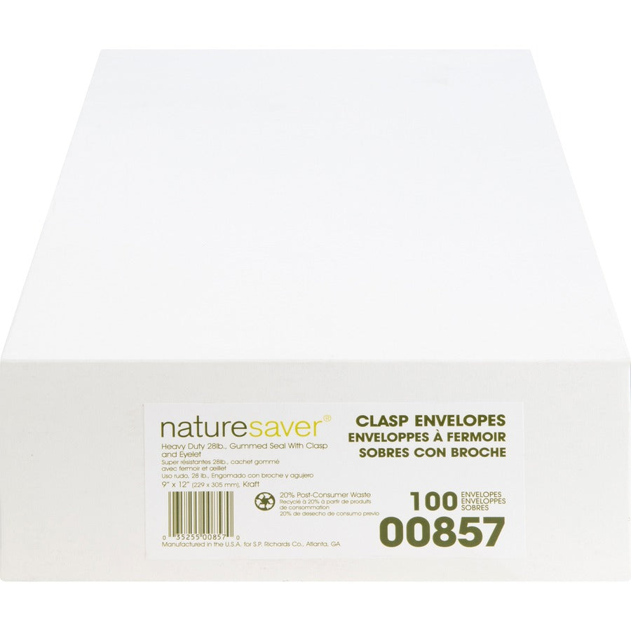 Nature Saver Recycled Clasp Envelopes - Clasp - #90 - 9" Width x 12" Length - 28 lb - Clasp - Yellow - Kraft - 100 / Box
