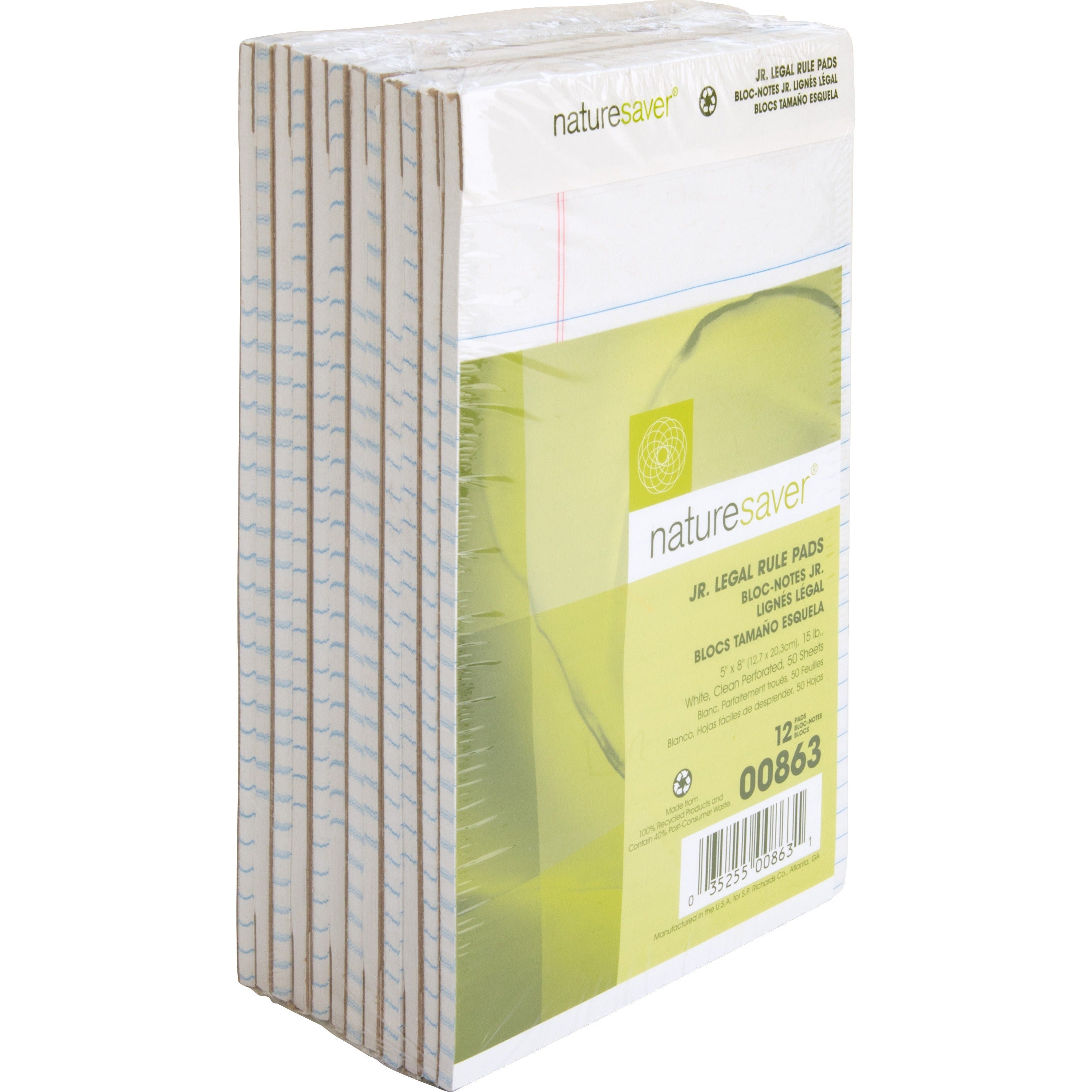 50 Sheets - 0.28" Ruled - 15 lb Basis Weight - Jr.Legal - 5" x 8" Sheet Size - White Paper - Perforated, Back Board - Recycled - 1 Dozen