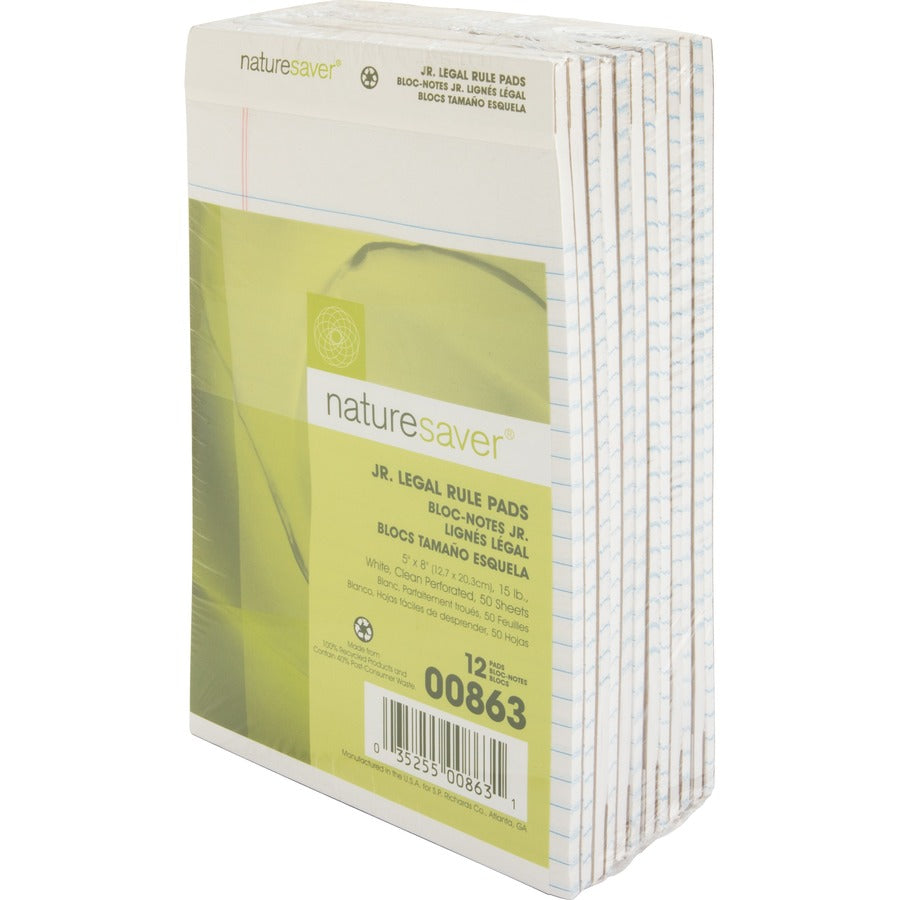 50 Sheets - 0.28" Ruled - 15 lb Basis Weight - Jr.Legal - 5" x 8" Sheet Size - White Paper - Perforated, Back Board - Recycled - 1 Dozen