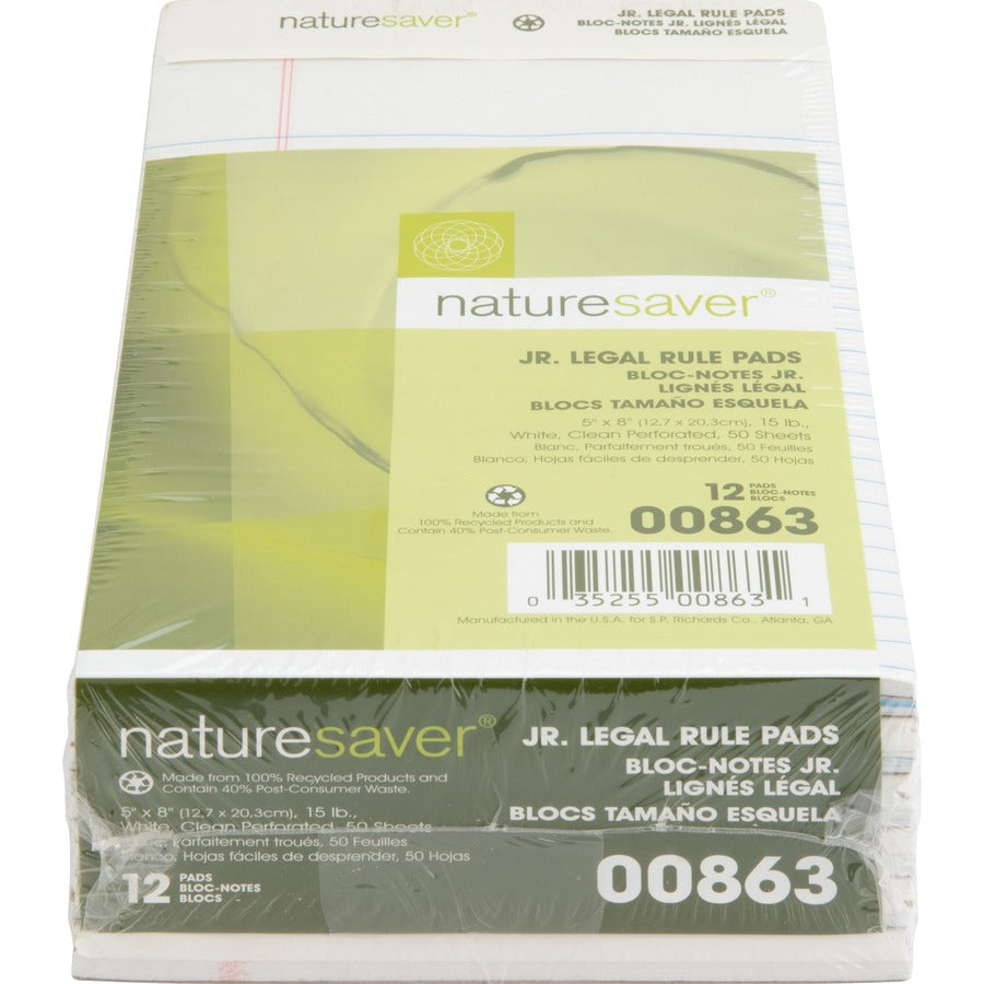 50 Sheets - 0.28" Ruled - 15 lb Basis Weight - Jr.Legal - 5" x 8" Sheet Size - White Paper - Perforated, Back Board - Recycled - 1 Dozen