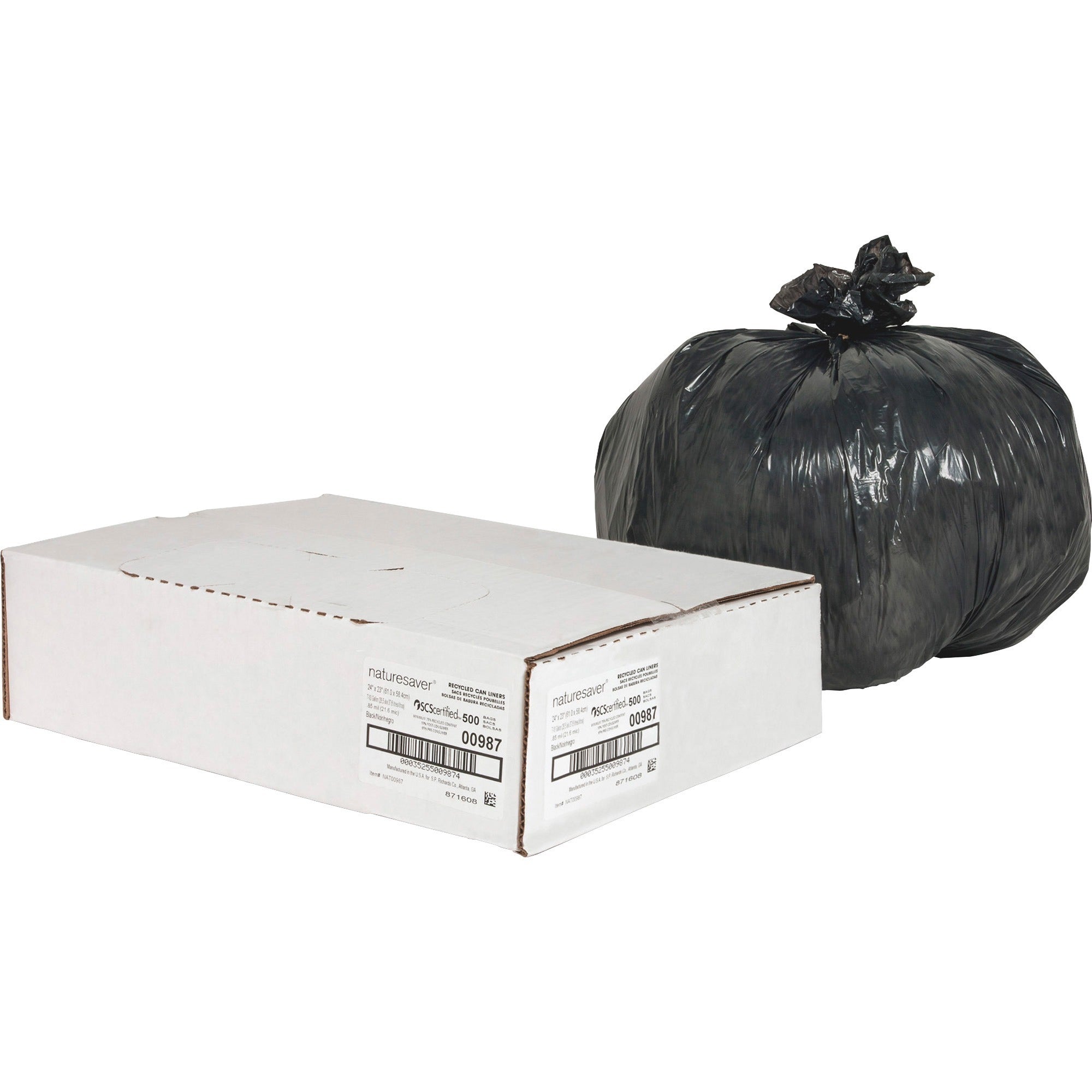 Nature Saver Black Low-density Recycled Can Liners - Small Size - 10 gal Capacity - 23" Length x 24" Width x 0.85 mil (22 Micron) Thickness - Low Density - Black - Plastic - Cleaning Supplies - Recycled - 1 Carton