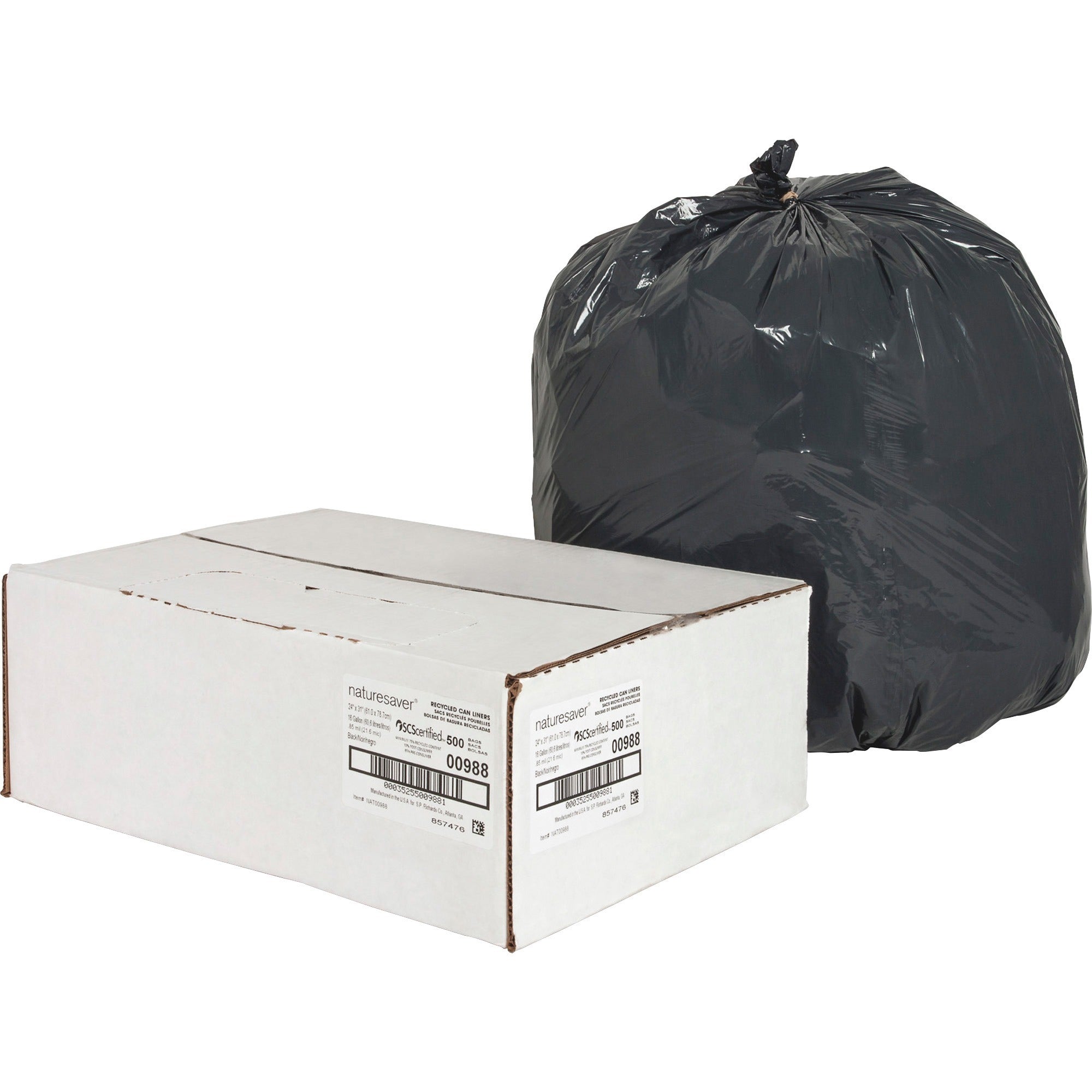 Nature Saver Black Low-density Recycled Can Liners - Small Size - 16 gal Capacity - 33" Length x 24" Width x 0.85 mil (22 Micron) Thickness - Low Density - Black - Plastic - Cleaning Supplies - Recycled - 1 Carton